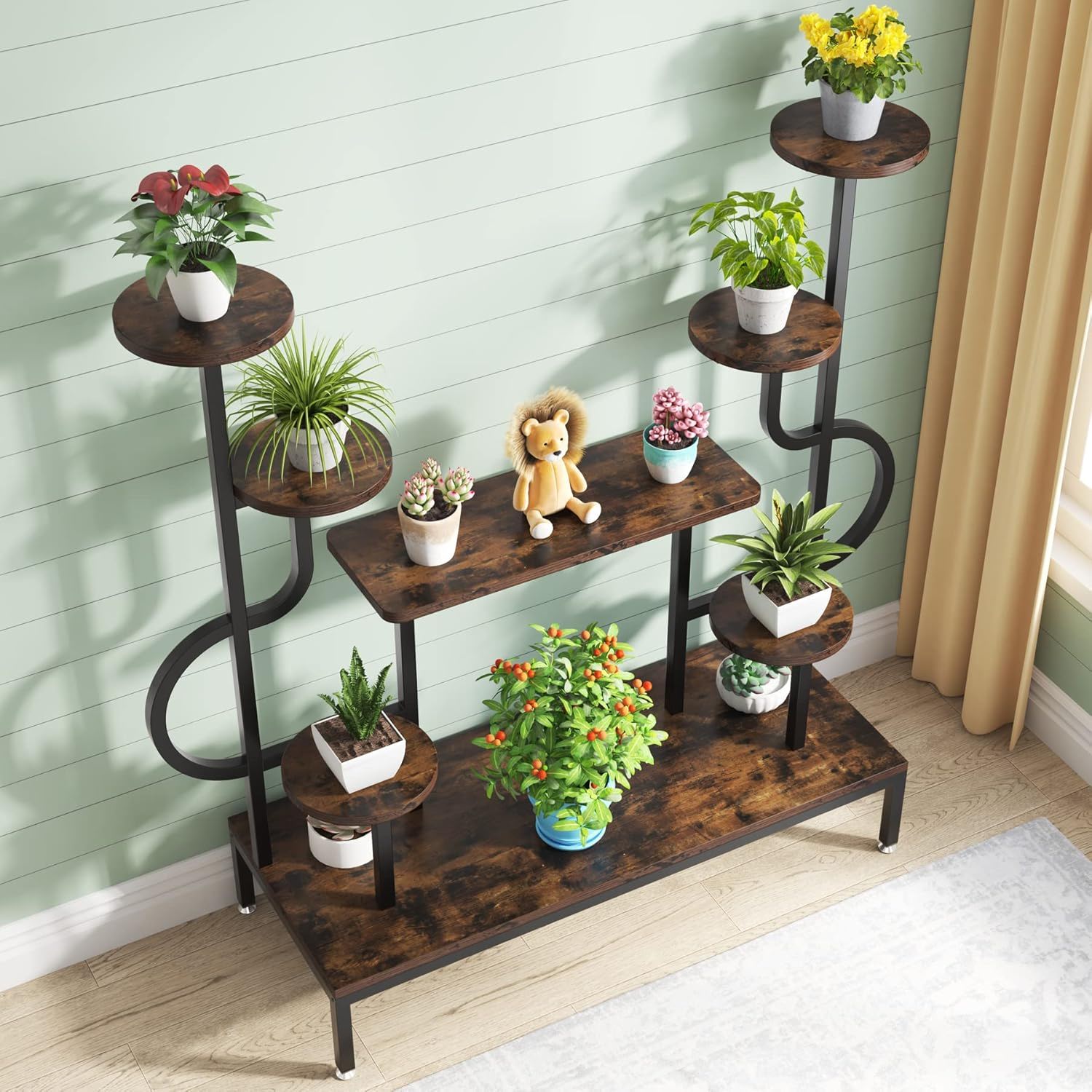 8 Tier Plant Stand With Round And Square Shelves For Living Room, Patio, Balcony & Garden - Brown / Black