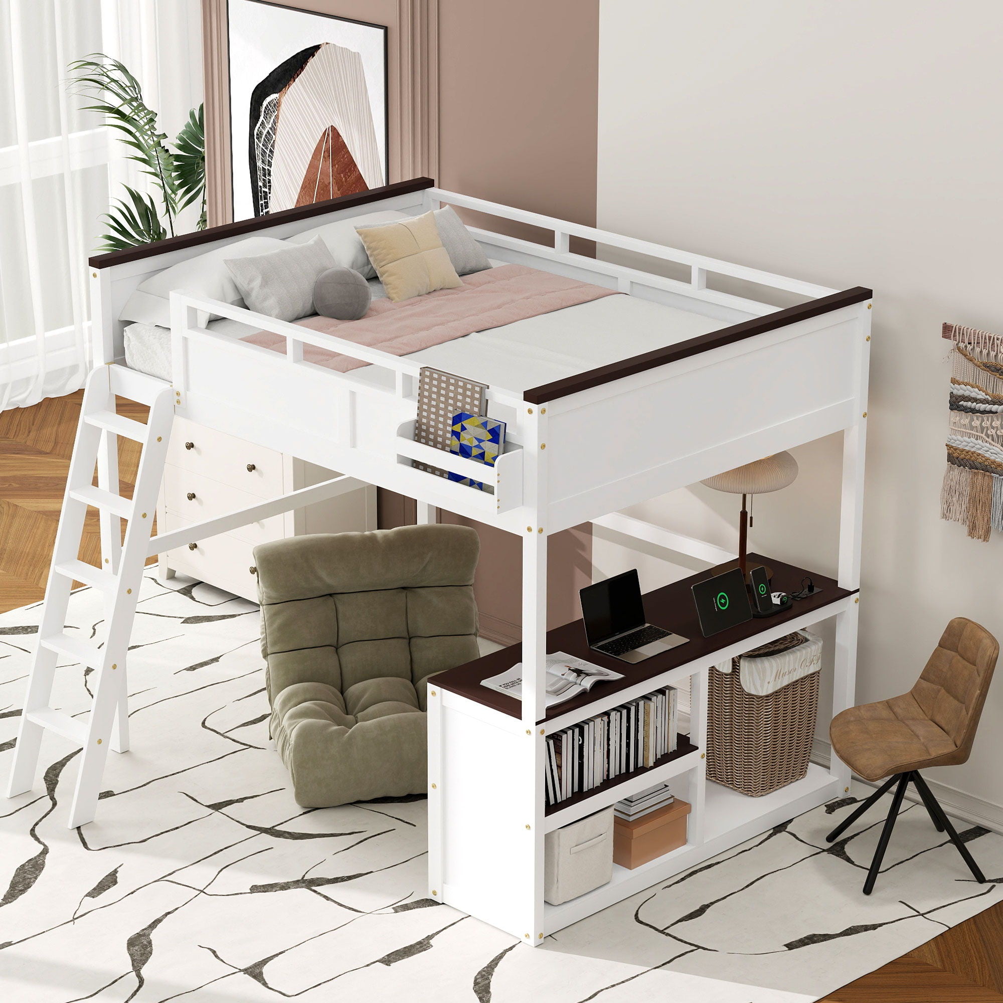 Queen Size Loft Bed With Desk, Open Shelf, Storage Box And USB Charging Station - White