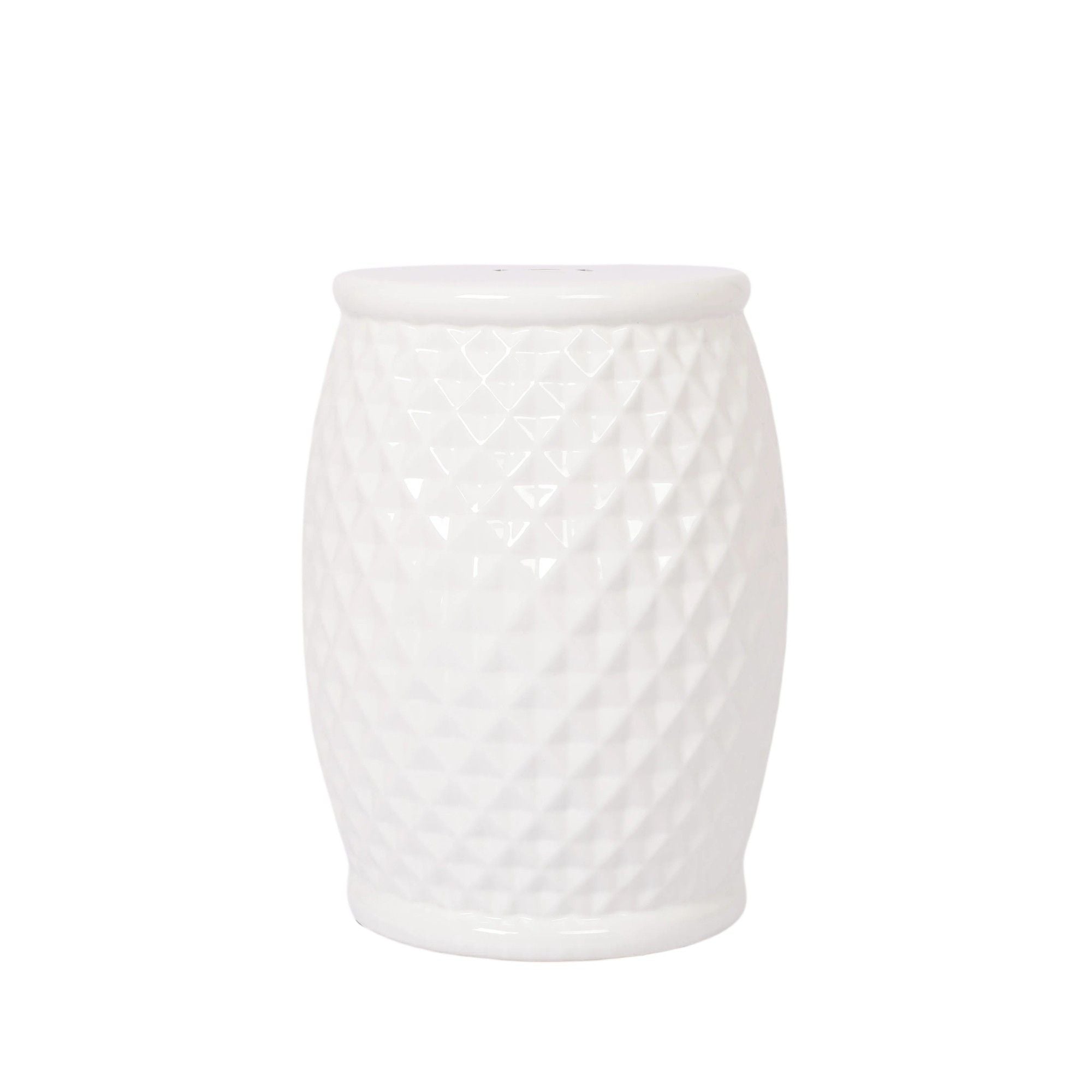 Glazed Ceramic Drum Stool Indoor / Outdoor Side Table Ceramic - White