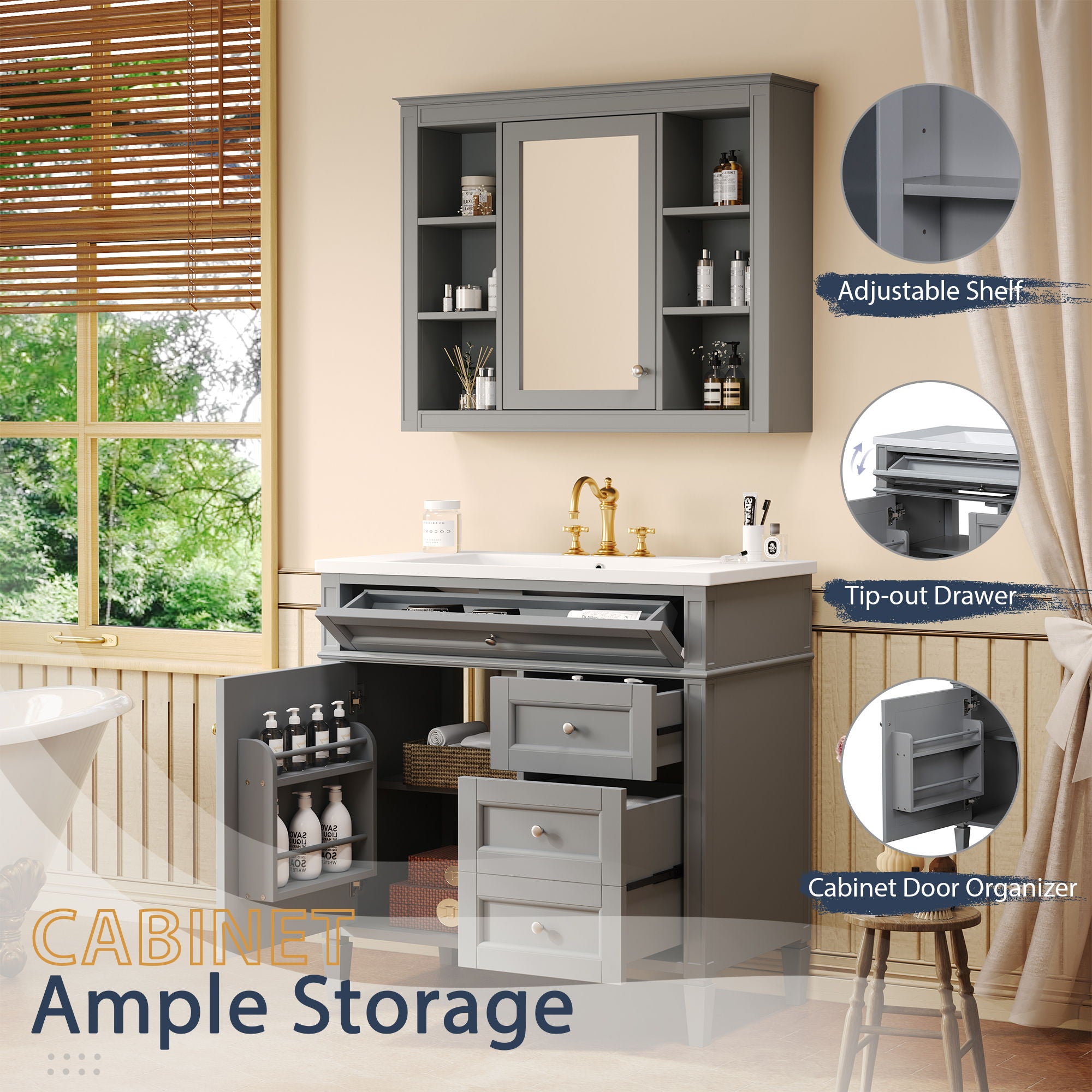 Bathroom Vanity With Top Sink, Storage Cabinet With Mirror, 2 Doors, 3 Drawers, 6 Open Shelves