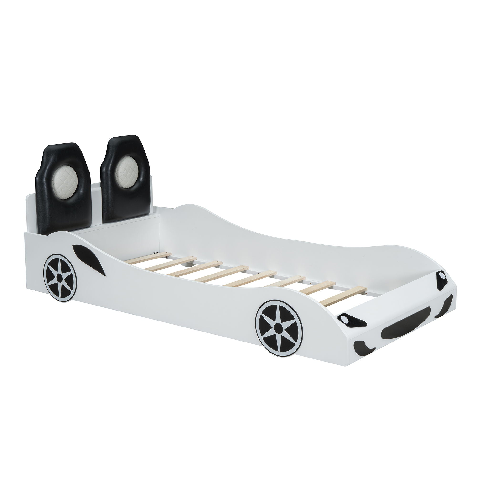 Race Car Shaped Platform Bed With LED And Upholstered Backrest In