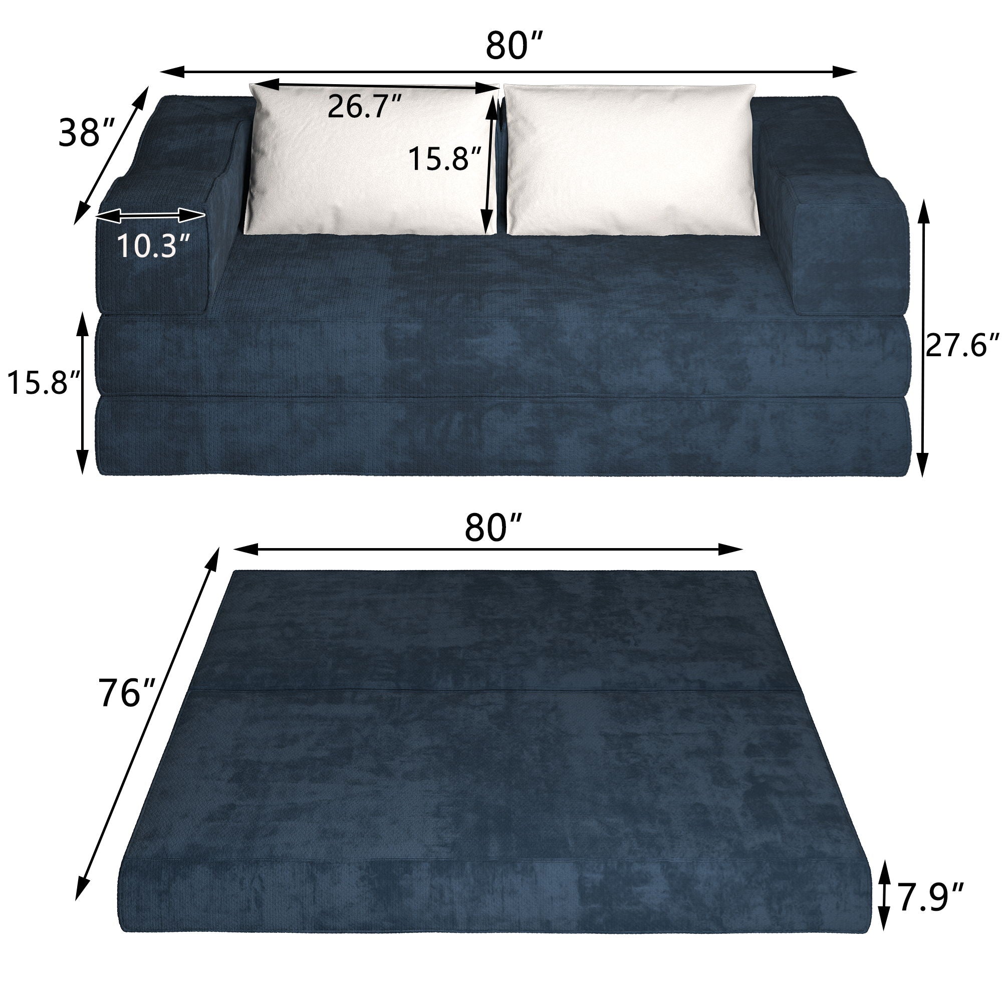 Convertible Couch Bed With 2 Pillows, 3 Seat Folding Floor Couch & King Size Bed Mattress, Diy Combination - Blue