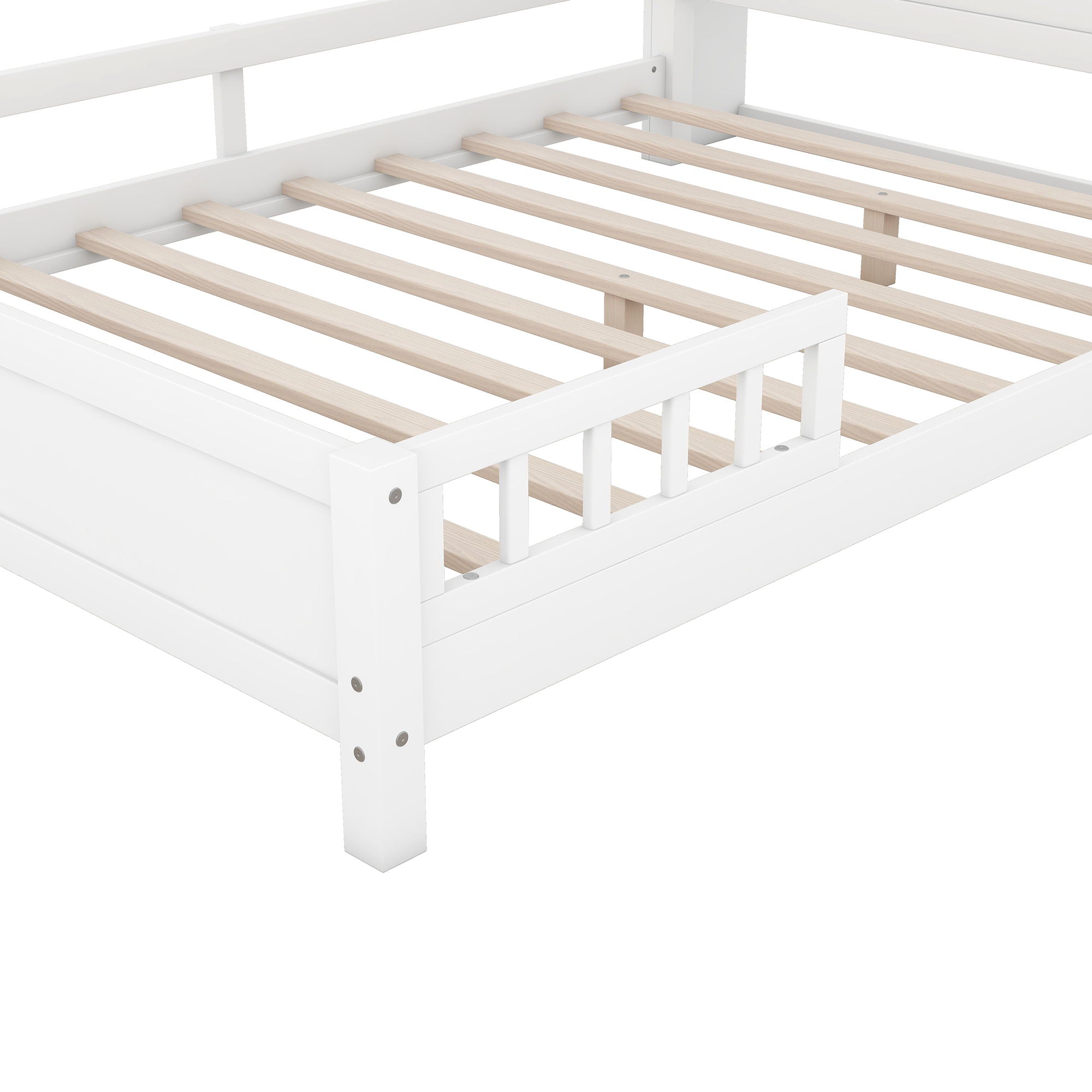 Wood Platform Bed With Built In LED Light, Storage Headboard And Guardrail