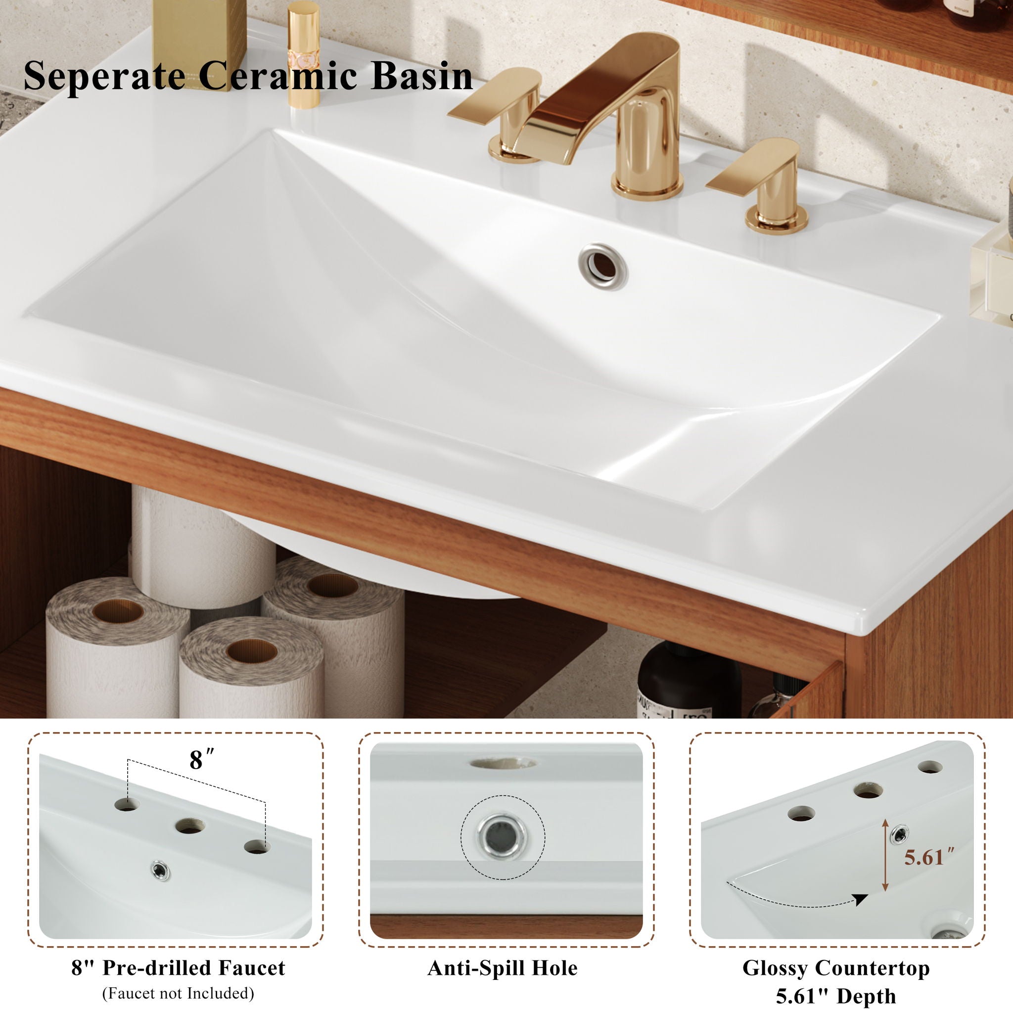 Bathroom Vanity With Sink, Minimalist Design, 45 Degrees Free Handle Doors - Antique Natural