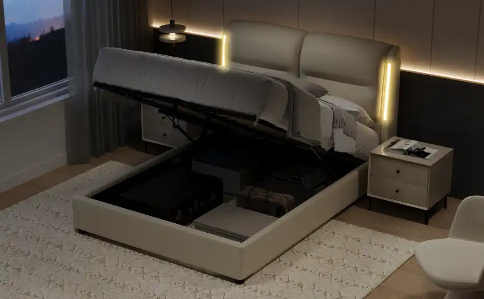 Upholstered Queen Size Hydraulic Platform Bed with Lift Up Storage and Sensor LED Lights - Best Buy Furniture
