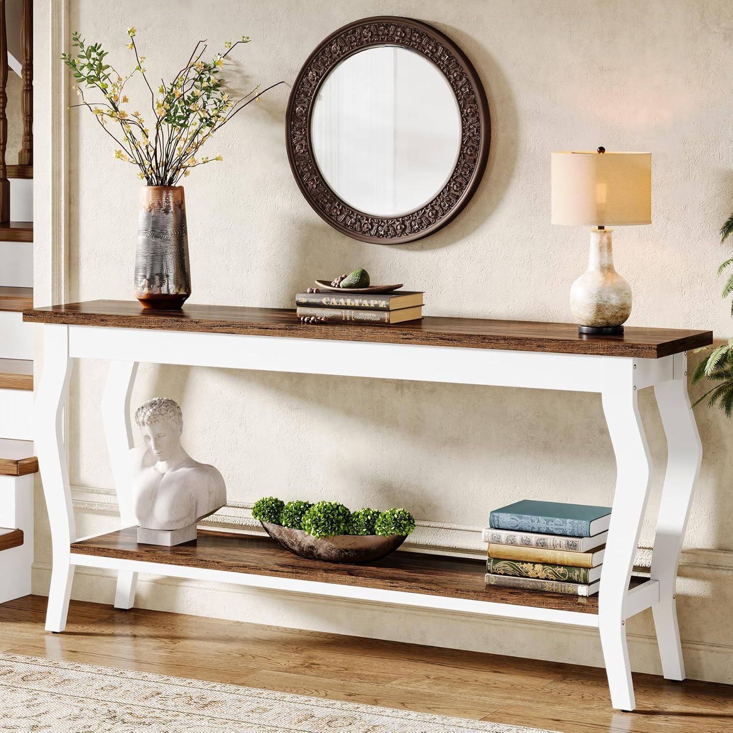 Console Table With Design, Extra Long Sofa Table For Living Entryway - Brown / White