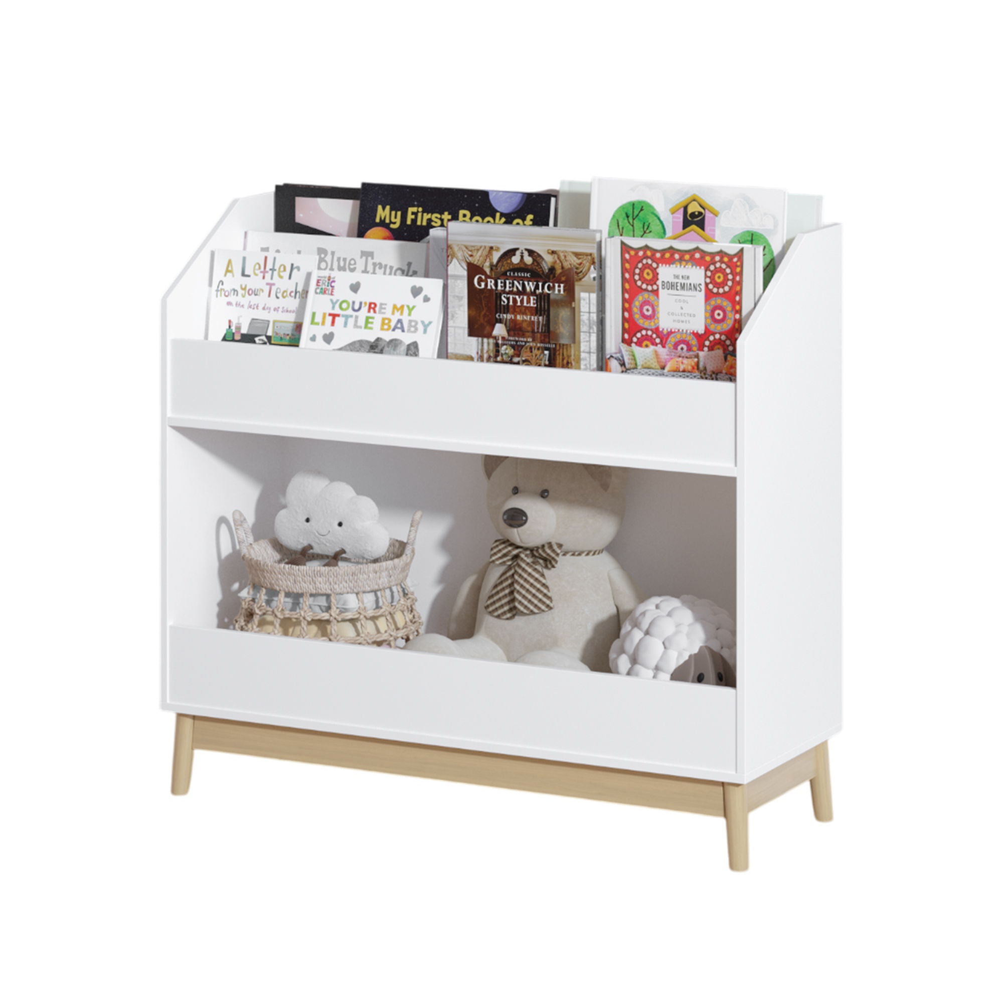 Bookcase Organizer With Storage, 3 Tier Toddler Book Display Shelf For Playroom - White