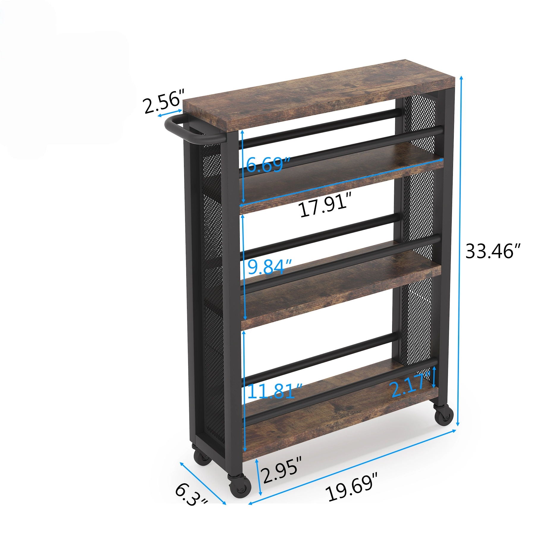 Slim 4 Tier Rolling Utility Cart With Wheels, Narrow Kitchen Storage Trolley - Brown / Black