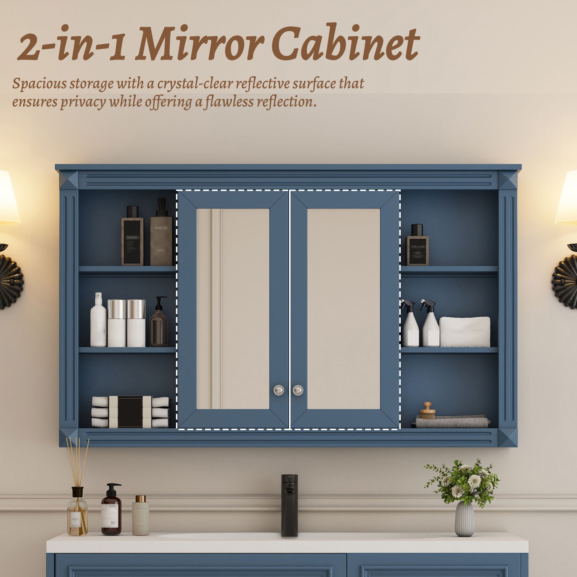 Wall-Mounted Mirror Cabinet With Adjustable Shelf And Open Shelves
