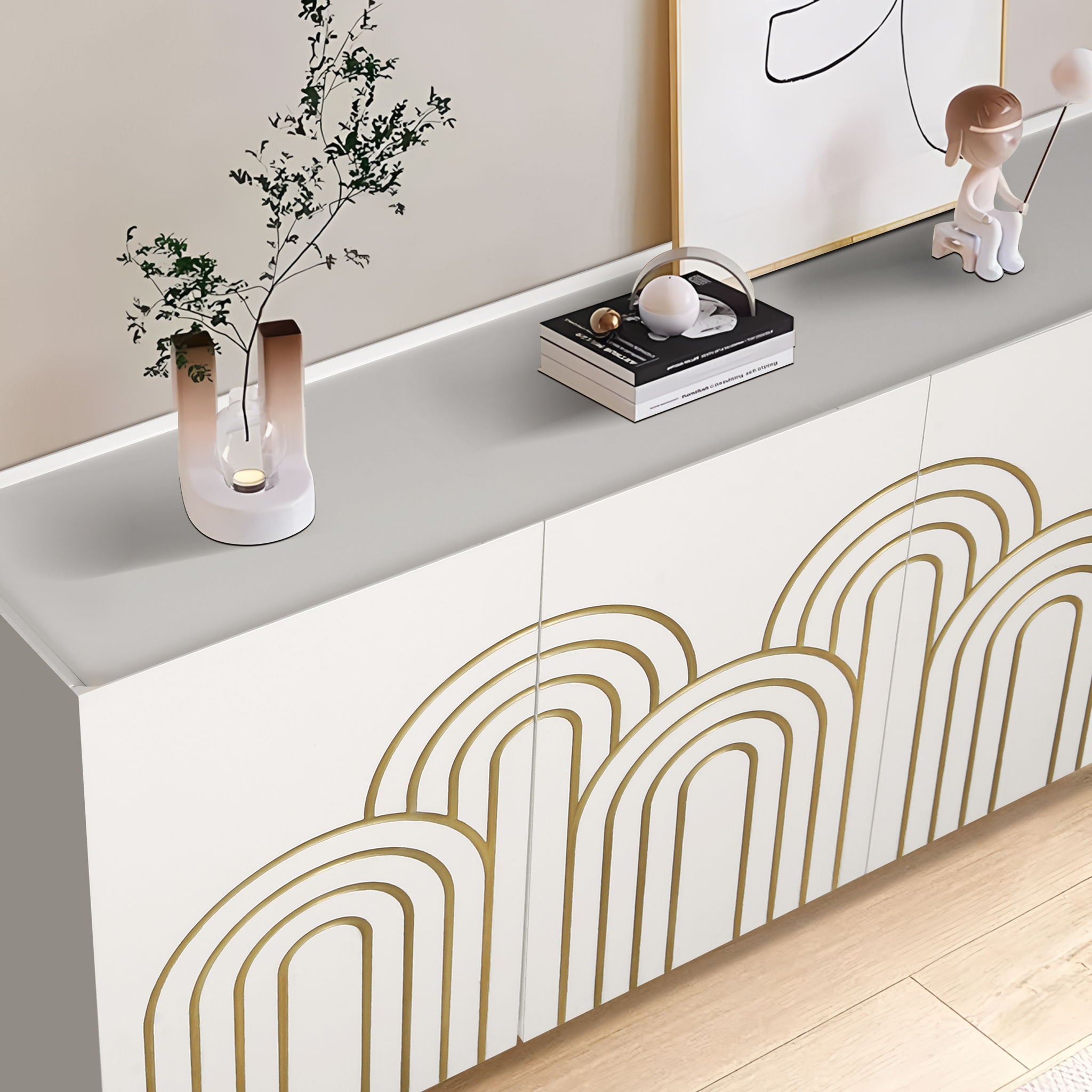 Modern Fluted Sideboard Buffet With Storage, Curve Element, 4 Doors With Adjustable Shelves