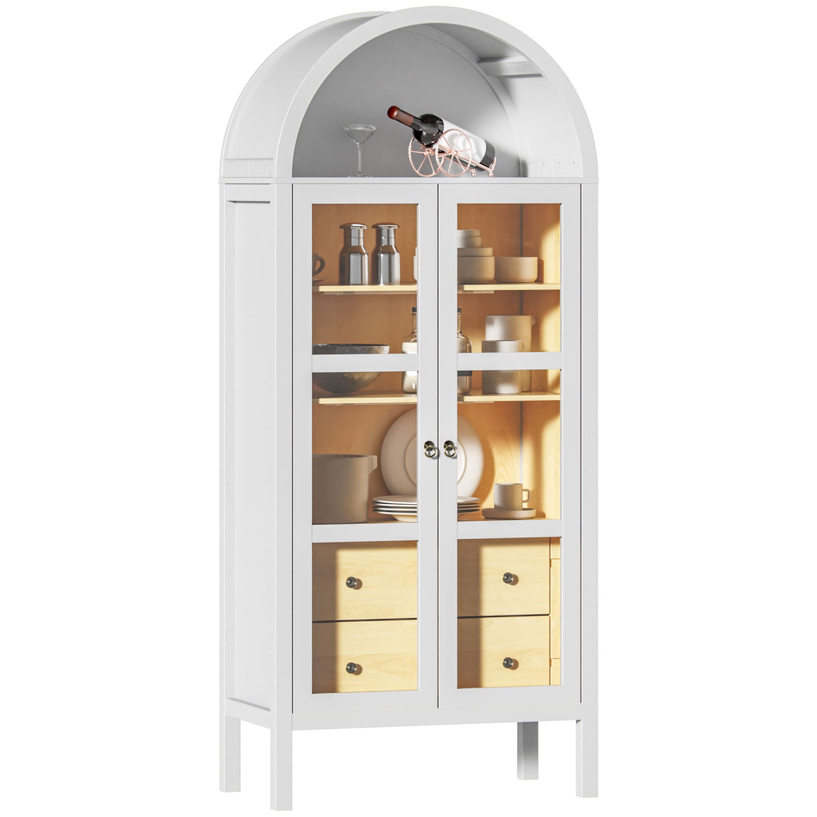 Modern Arched Cabinet with Glass Doors,72' Tall Auto Sensor Light Farmhouse Arch Storage Cabinet