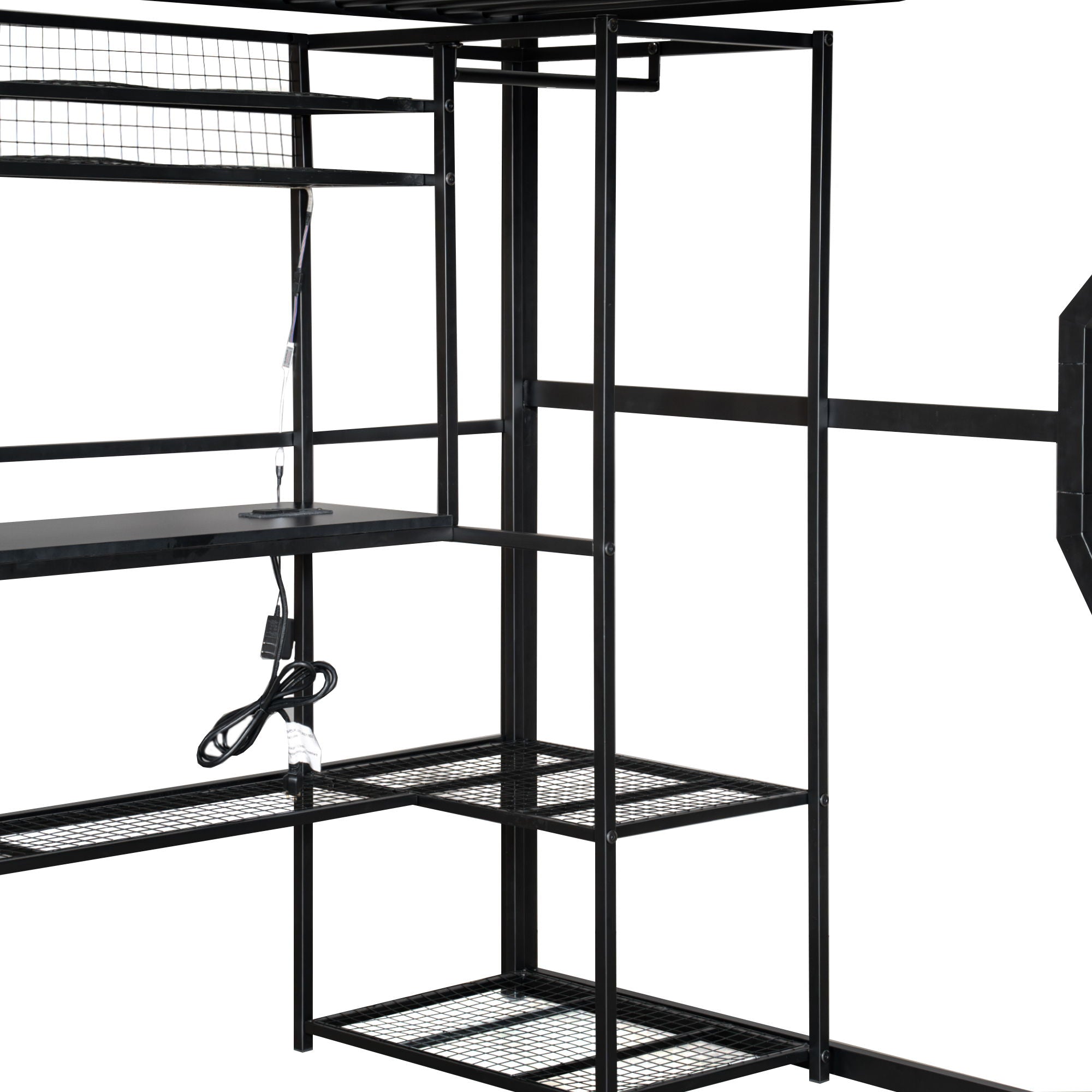 Full Size Gaming Loft Bed With Built In Work Station, Open Wardrobe, LED And Multiple Storage - Black