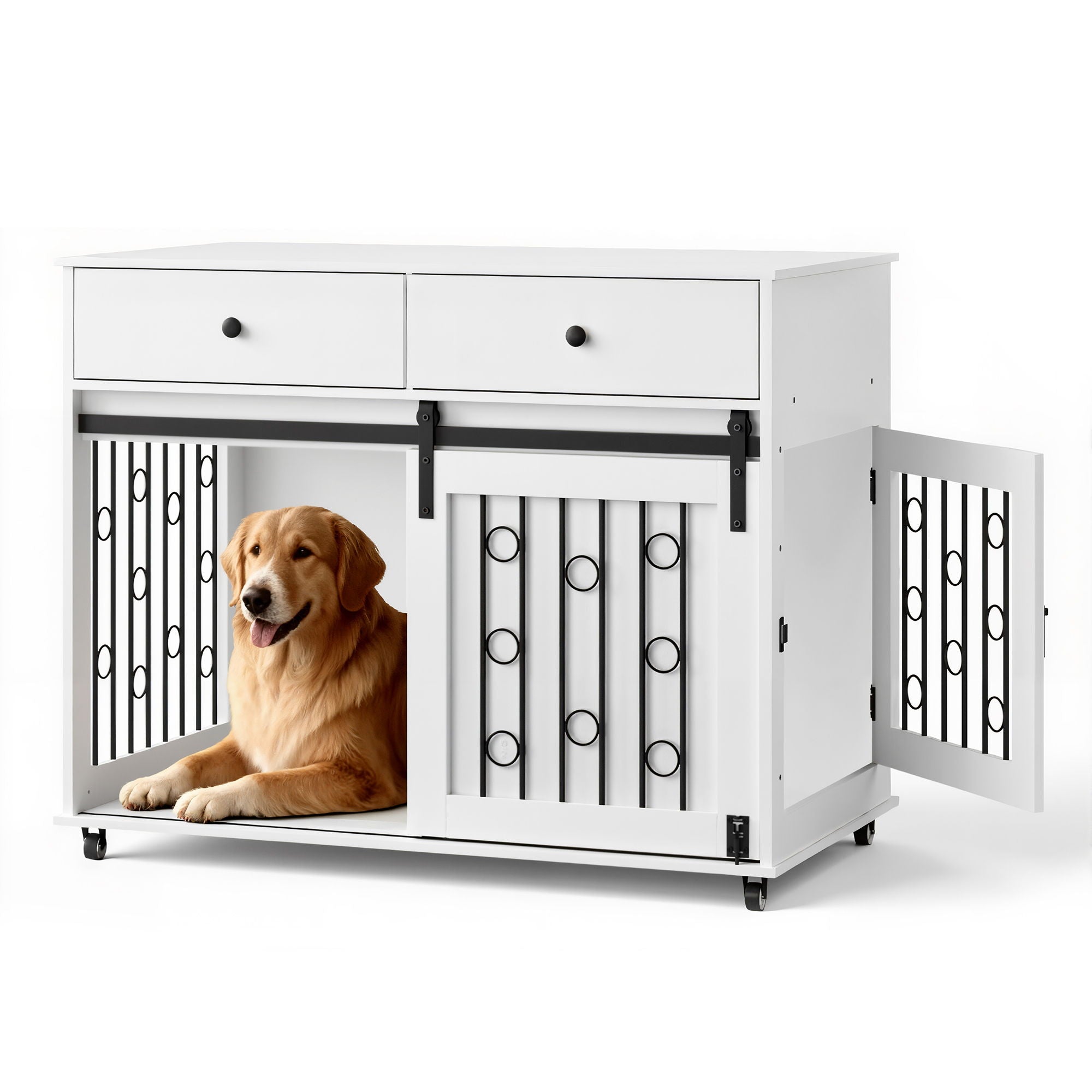 Dog Crate Furniture With Double Drawers And Sliding Barn Door, Pet Kennel For Small To Medium Dogs - White