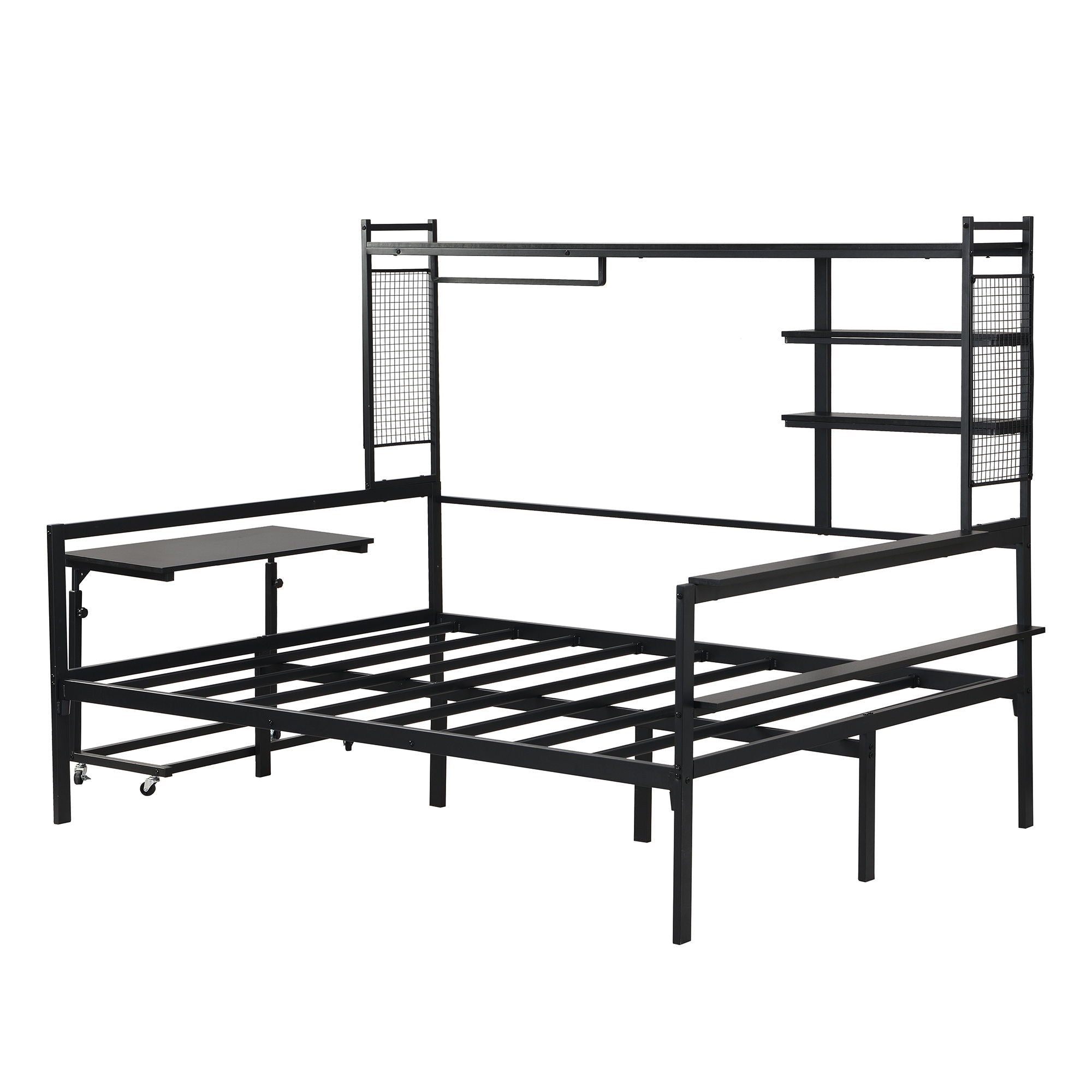 Daybed With Movable Desk, Grid, Shelves And Clothes Hanger