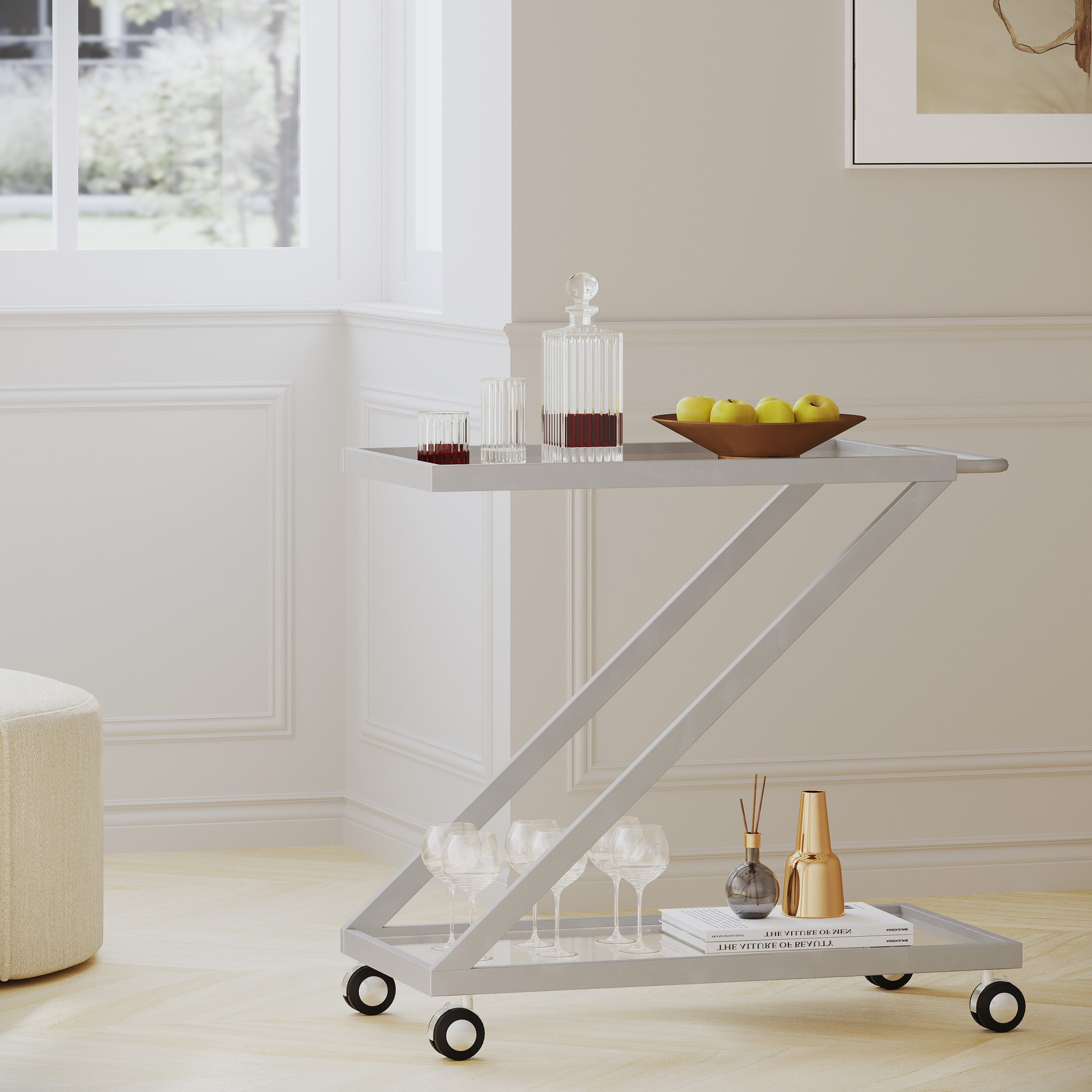 Modern Z-Shaped Bar Cart with Tempered Glass Shelves