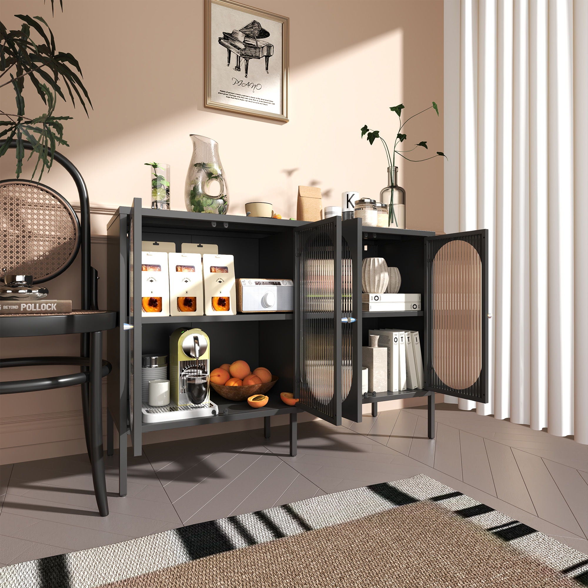Modern Metal Sideboard Cabinet With 4 Glass Doors, Steel Kitchen Storage And Coffee Bar Cabinet - Black