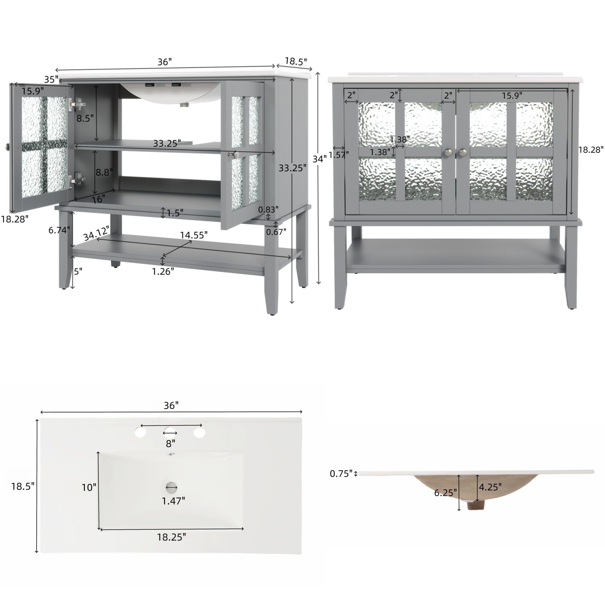 Bathroom Vanity With Ceramic Sink, Adjustable & Open Shelf