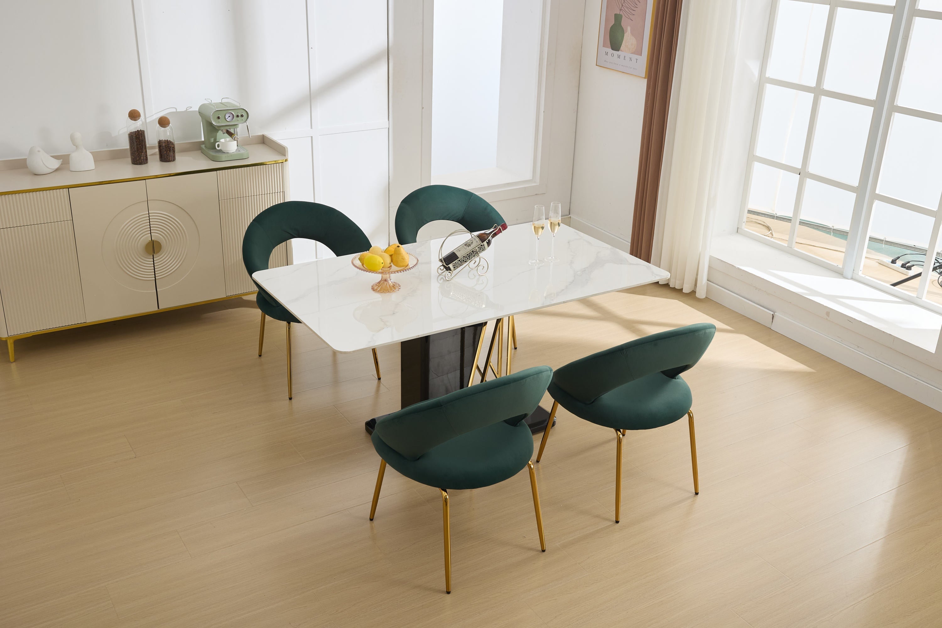 Velvet Fabric Dining Chair with Curved Backrest and Golden Metal Legs