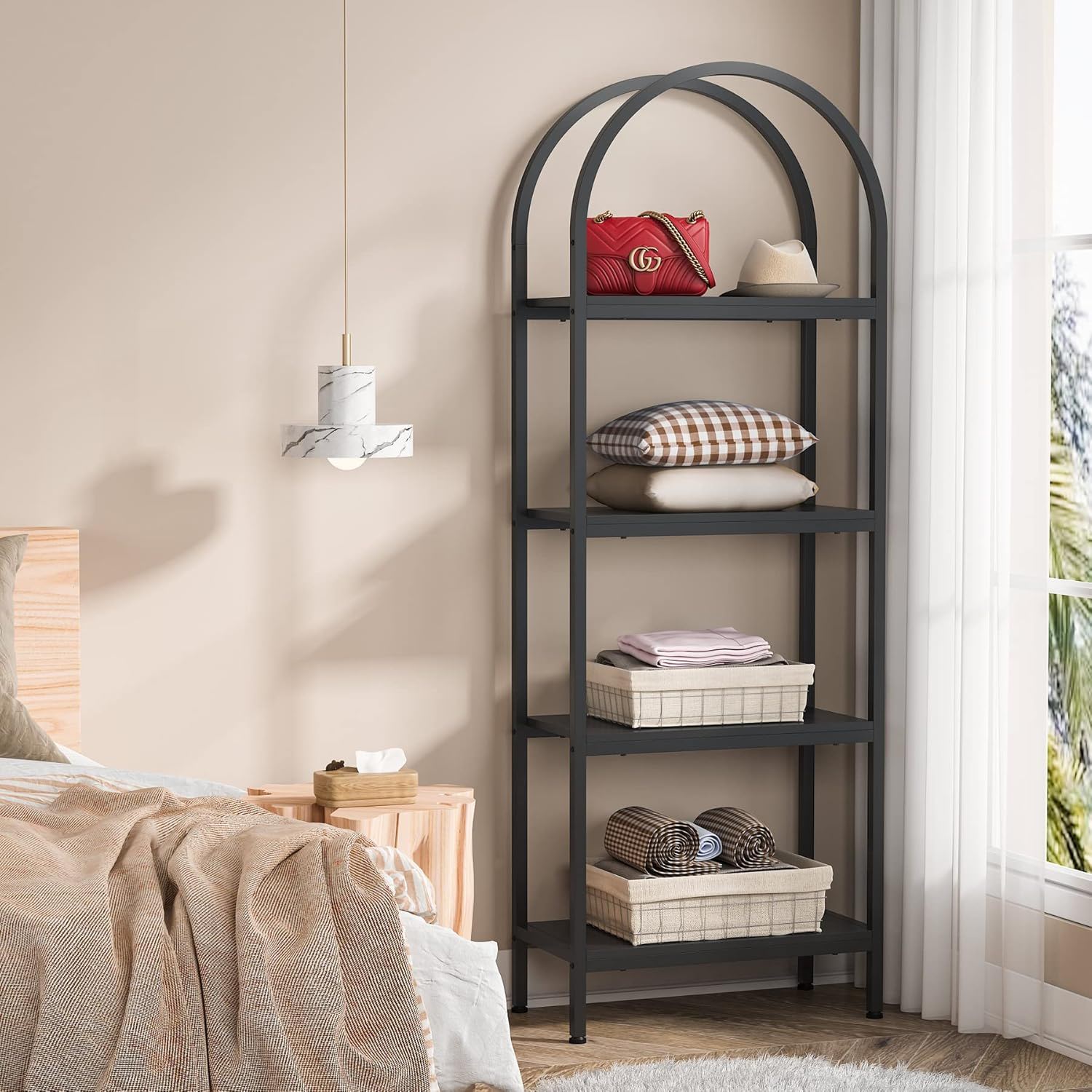 Tall 4 Tier Arched Open Bookshelf Storage Rack - Black