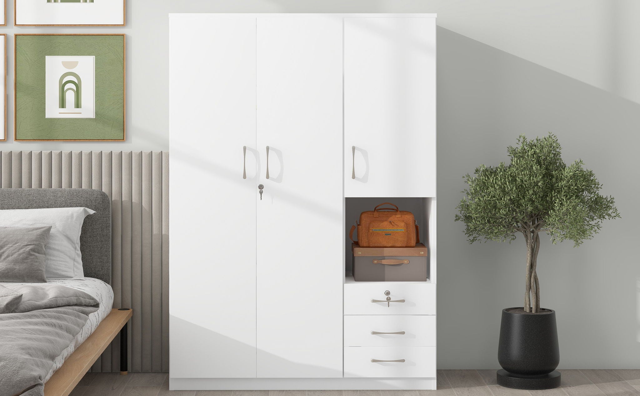 2 Doors Wardrobe Storage For Bedroom With Shelves And 3 Drawers