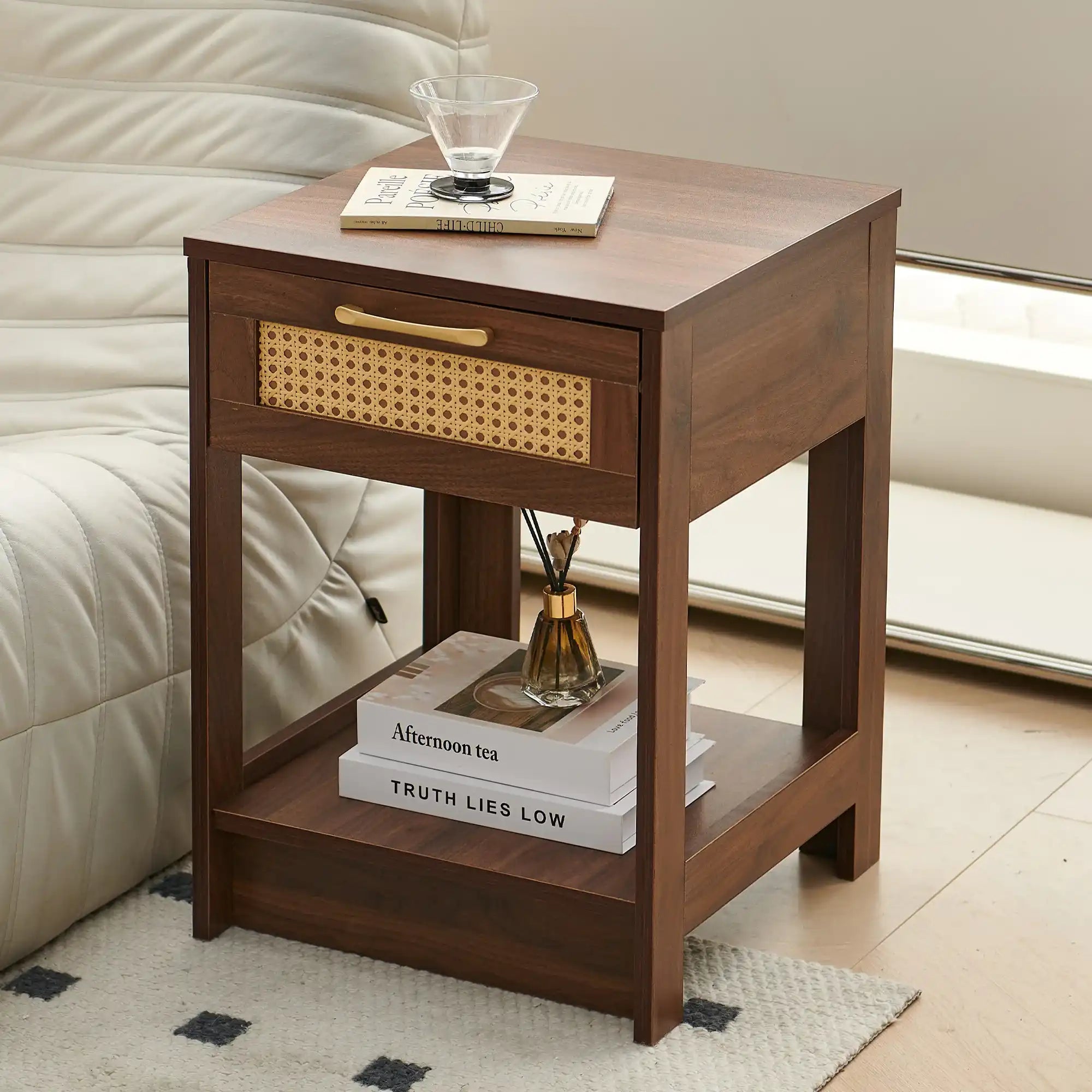 Modern Walnut Rattan Nightstand with Drawer