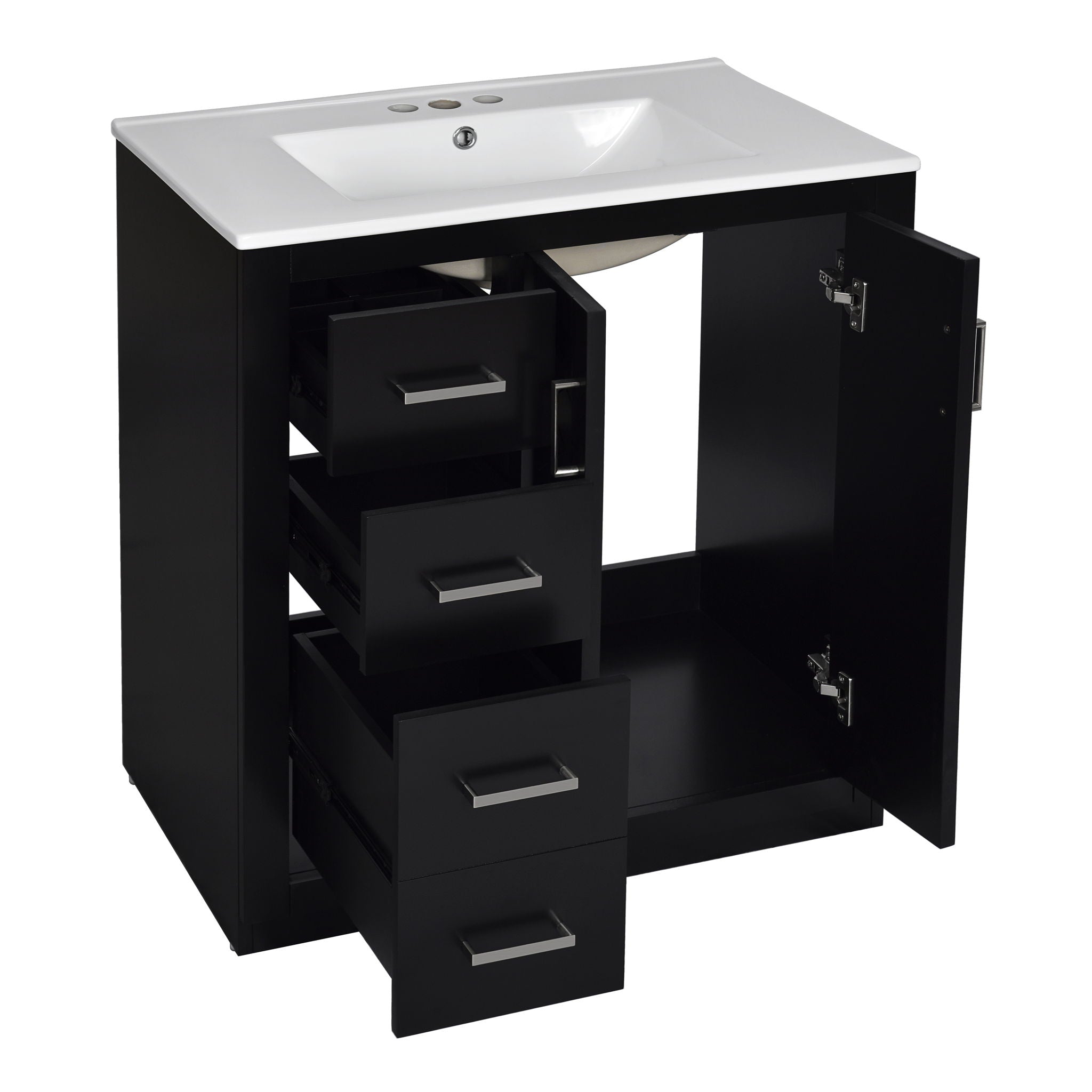Ceramic Sink Combo, Freestanding Vanity Set With 3 Drawers & Soft Closing Doors