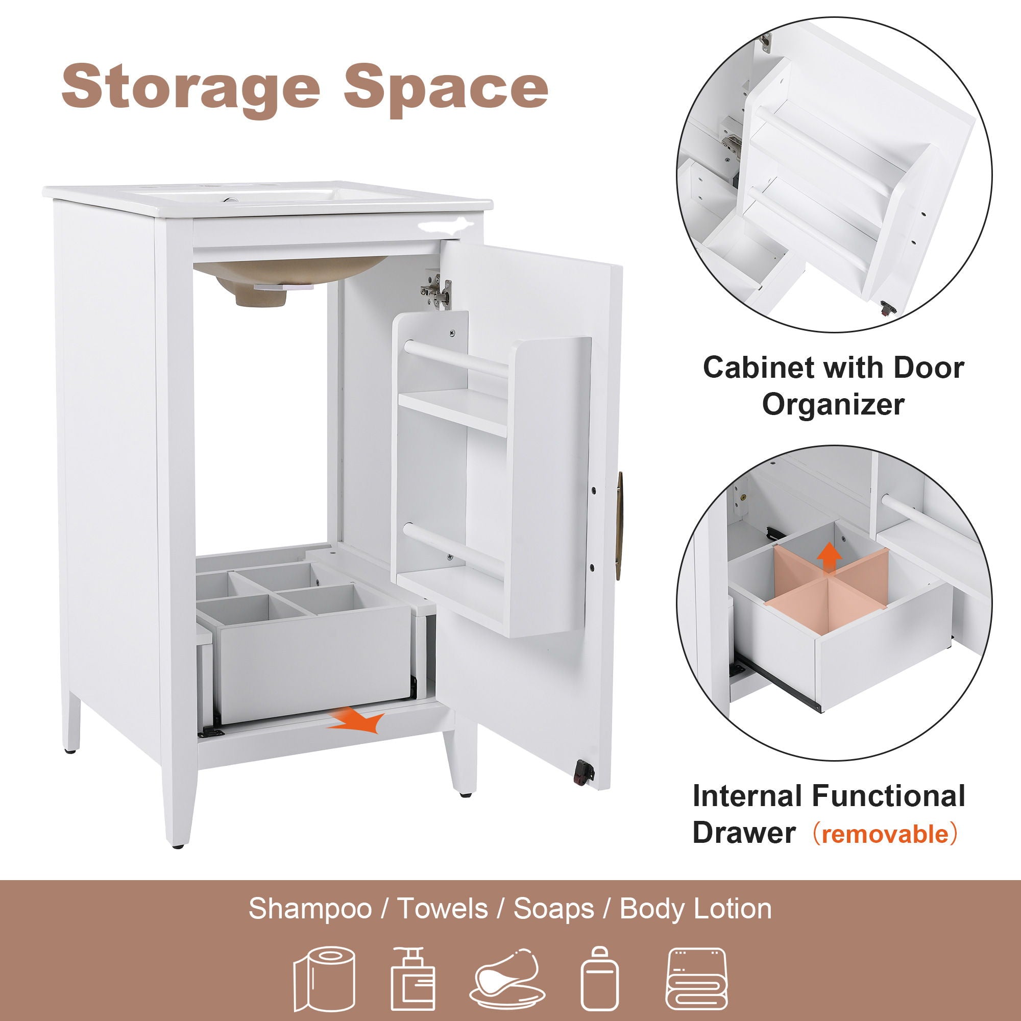 Modern Bathroom Vanity With Sink, Functional Drawer, Soft- Closing Door