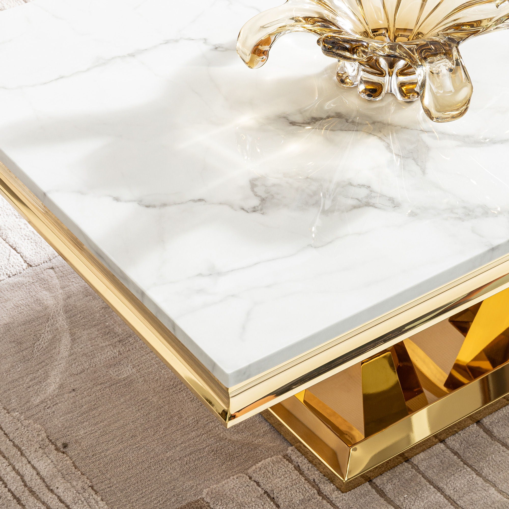 Modern Rectangular Coffee Table With Marble Pattern Top, Stainless Steel Base - Gold