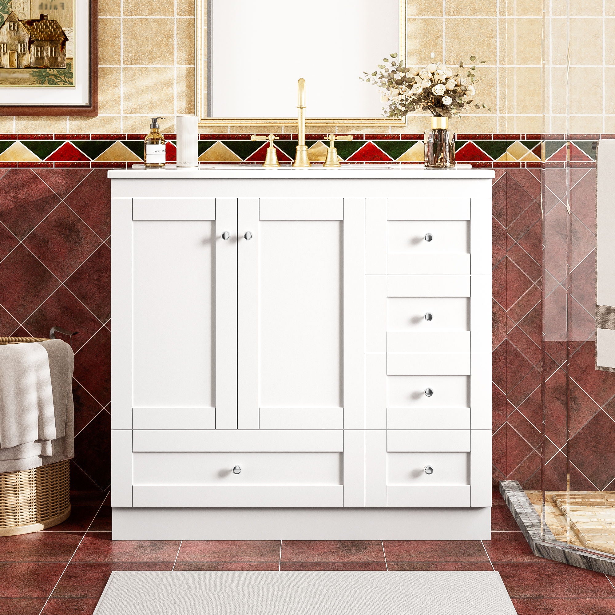 Shaker Free Standing Bathroom Vanity Cabinet With Sink, Soft Close Drawers And Doors - White