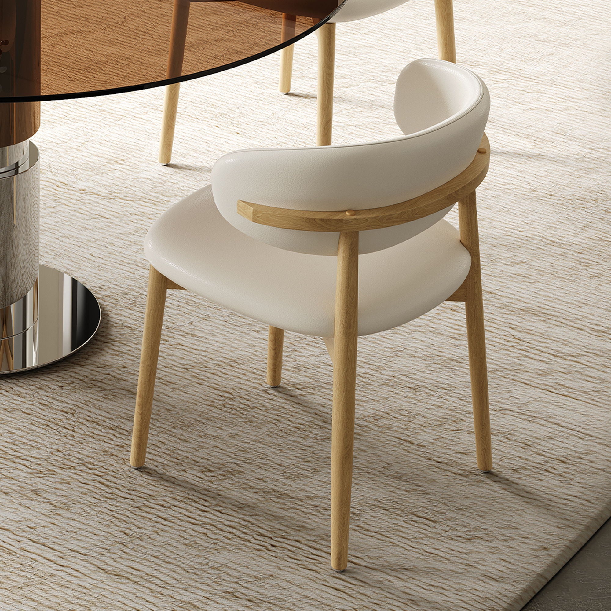 Round Glass Dining Table With Stainless Steel Legs And Chairs