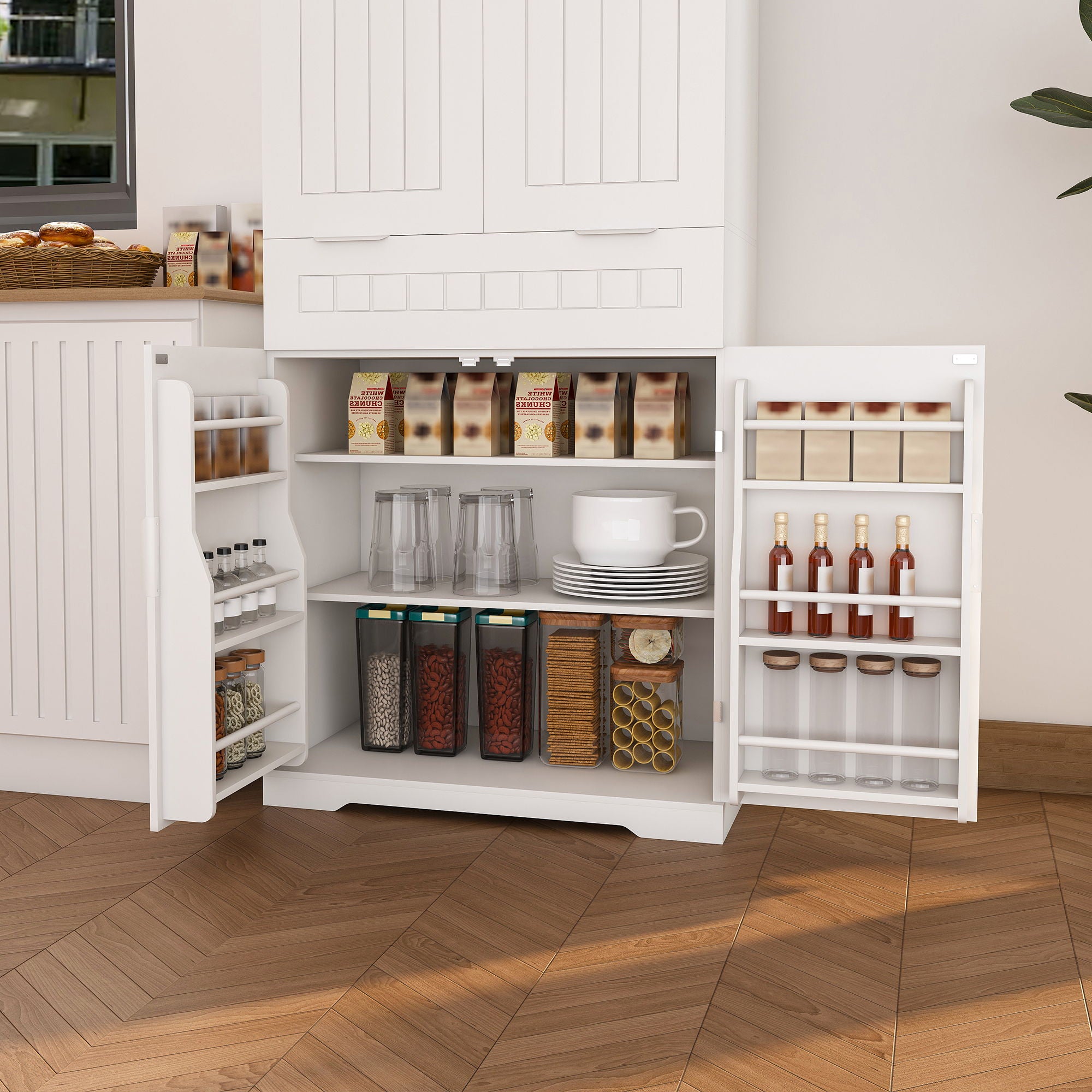 Farmhouse Style Pantry Cabinet With Drawer 2 Cabinets & 6 Door Shelves Adjustable Shelves Freestanding Cupboard - White