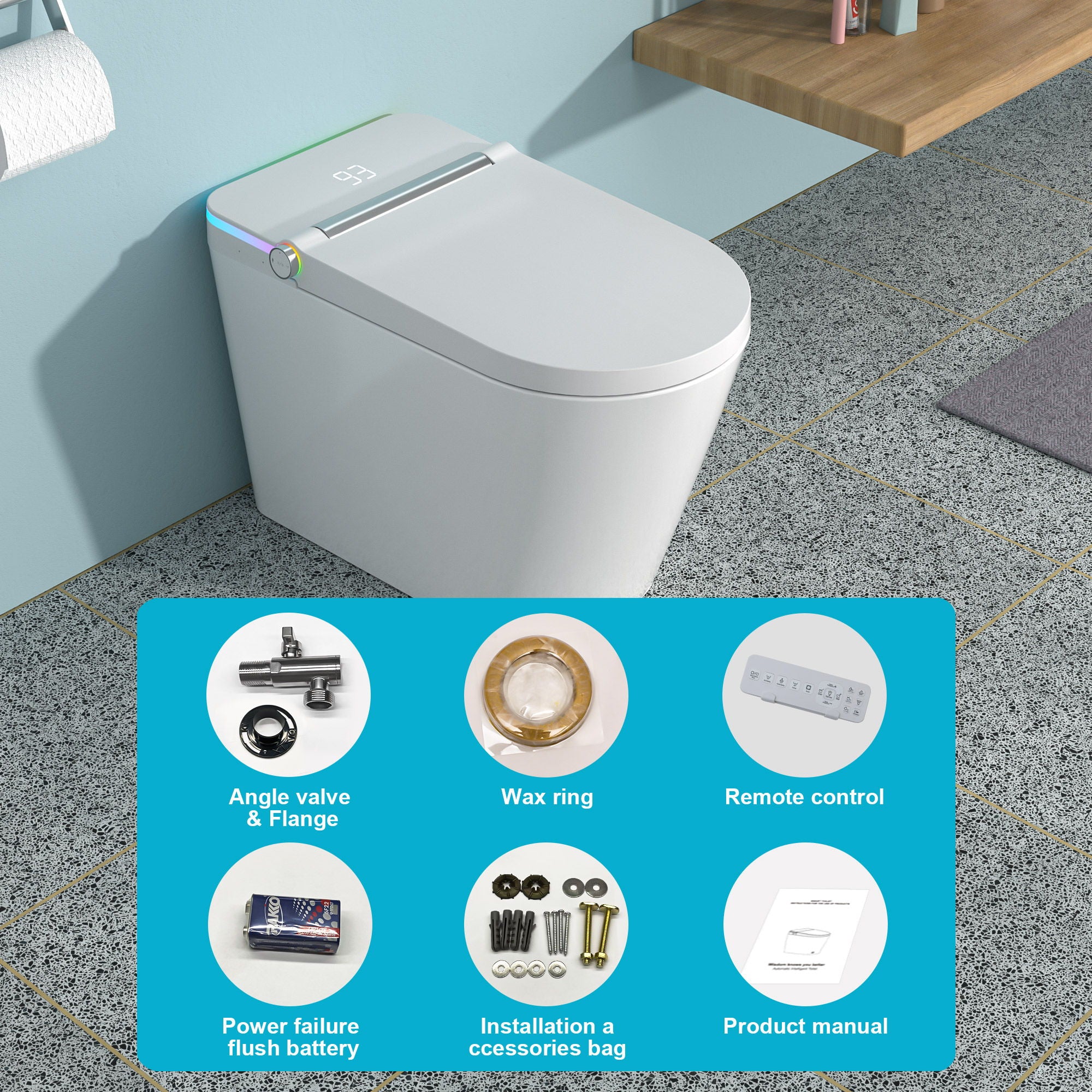 Smart Toilet With Bidet Built In, Auto Open & Close, Elongated Heated Seat, Foot Sensor Flush, LED Display, Warm Water Wash - White