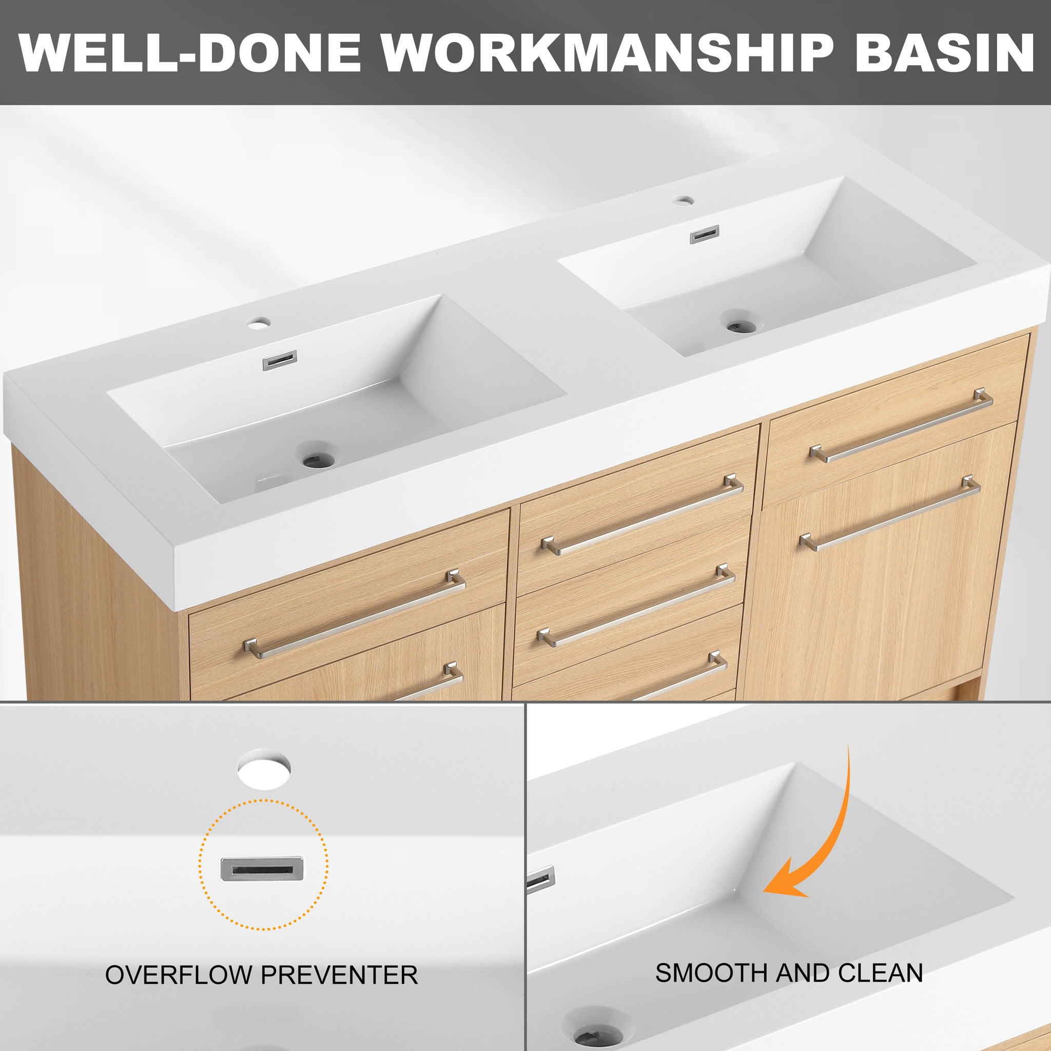 Freestanding Bathroom Vanity With Resin Sink, Soft-Closing Doors And Drawers