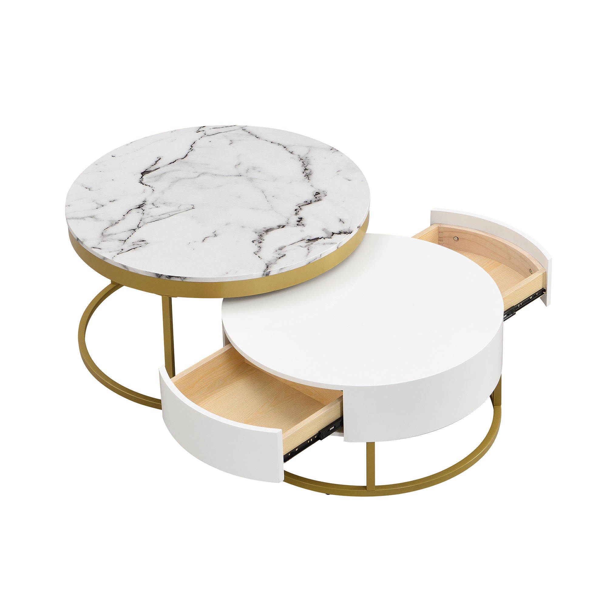 Round Nesting Coffee Table With Drawers - Golden / White