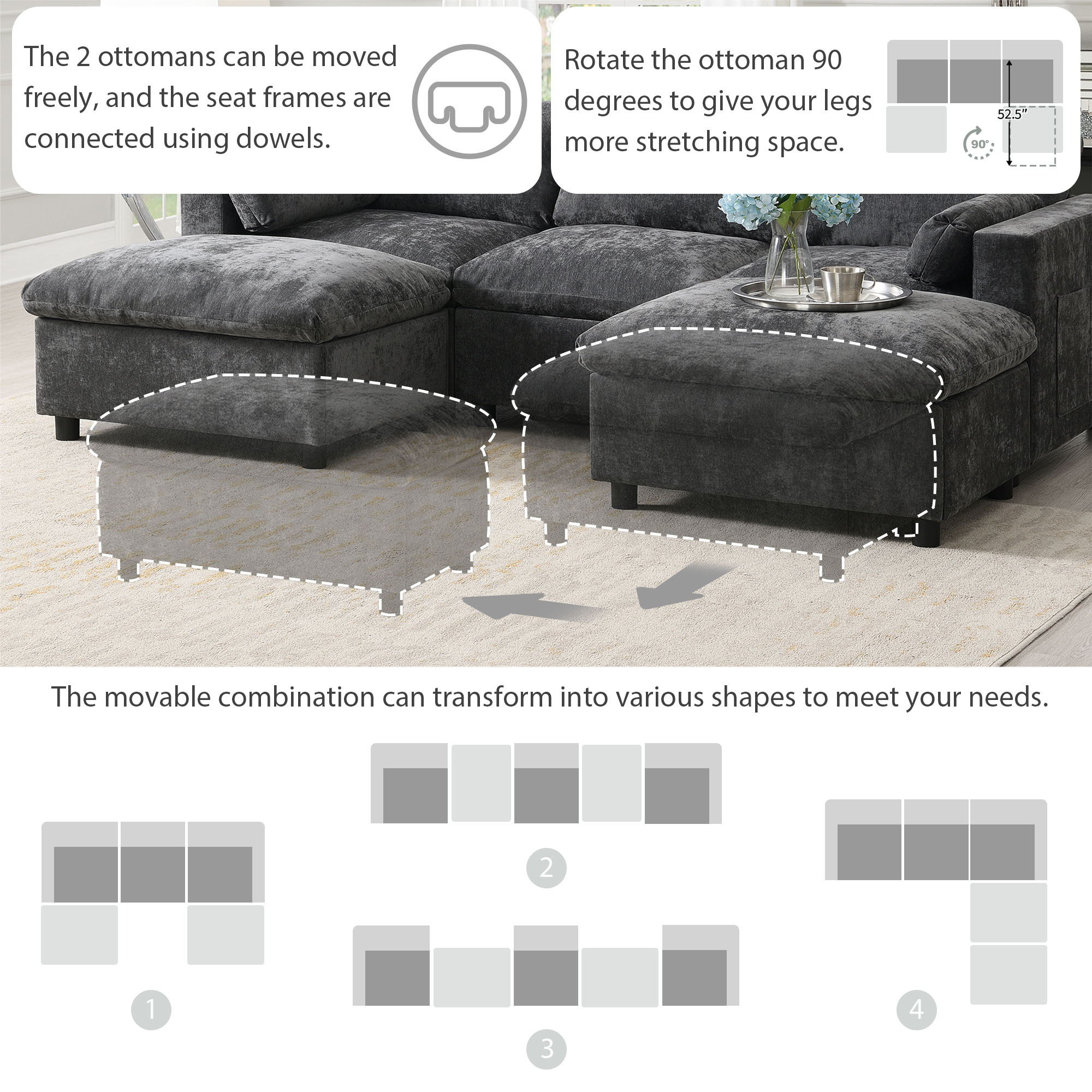 Modular Sectional With Storage Pockets, 5 Seat U Shaped Couch Set With Pillows, Free Combination Modern Cloud Sofa With 2 Movable Ottoman