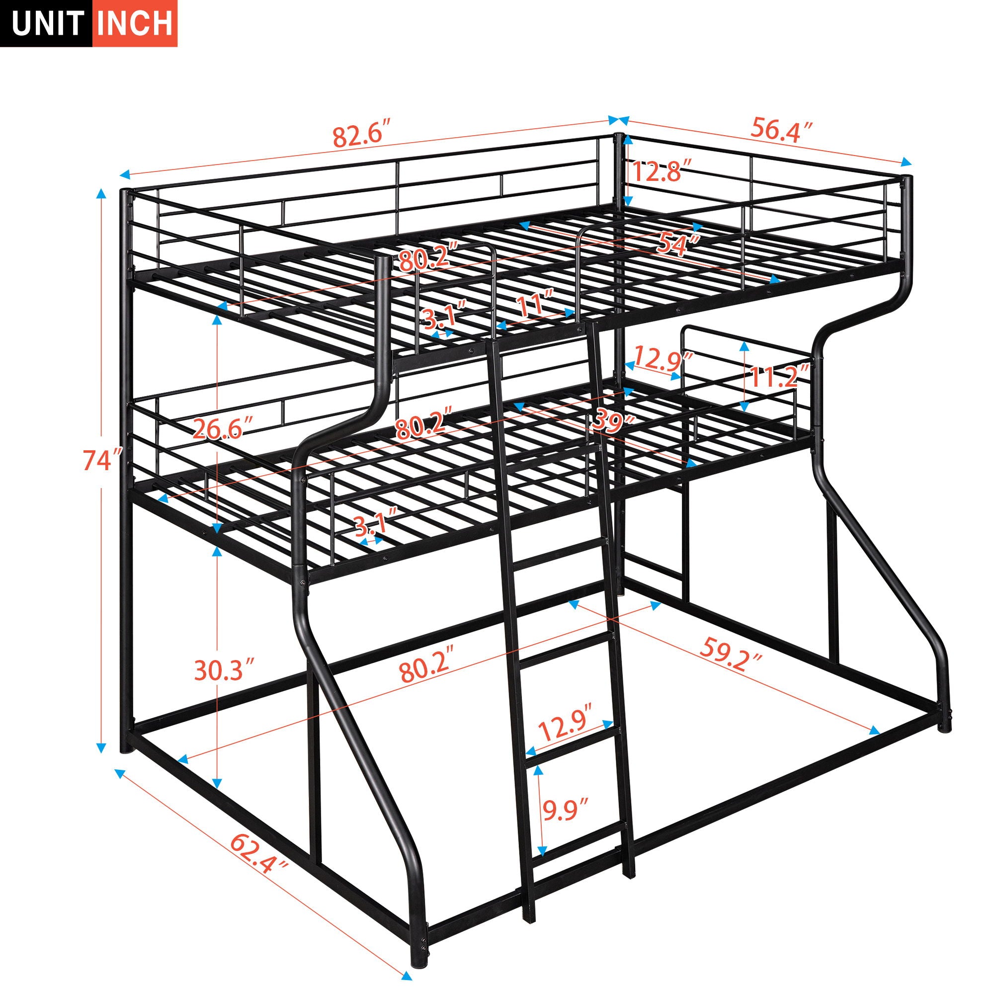 Industrial Triple Bunk Bed With Dual Ladders Frame, Space Saving Design