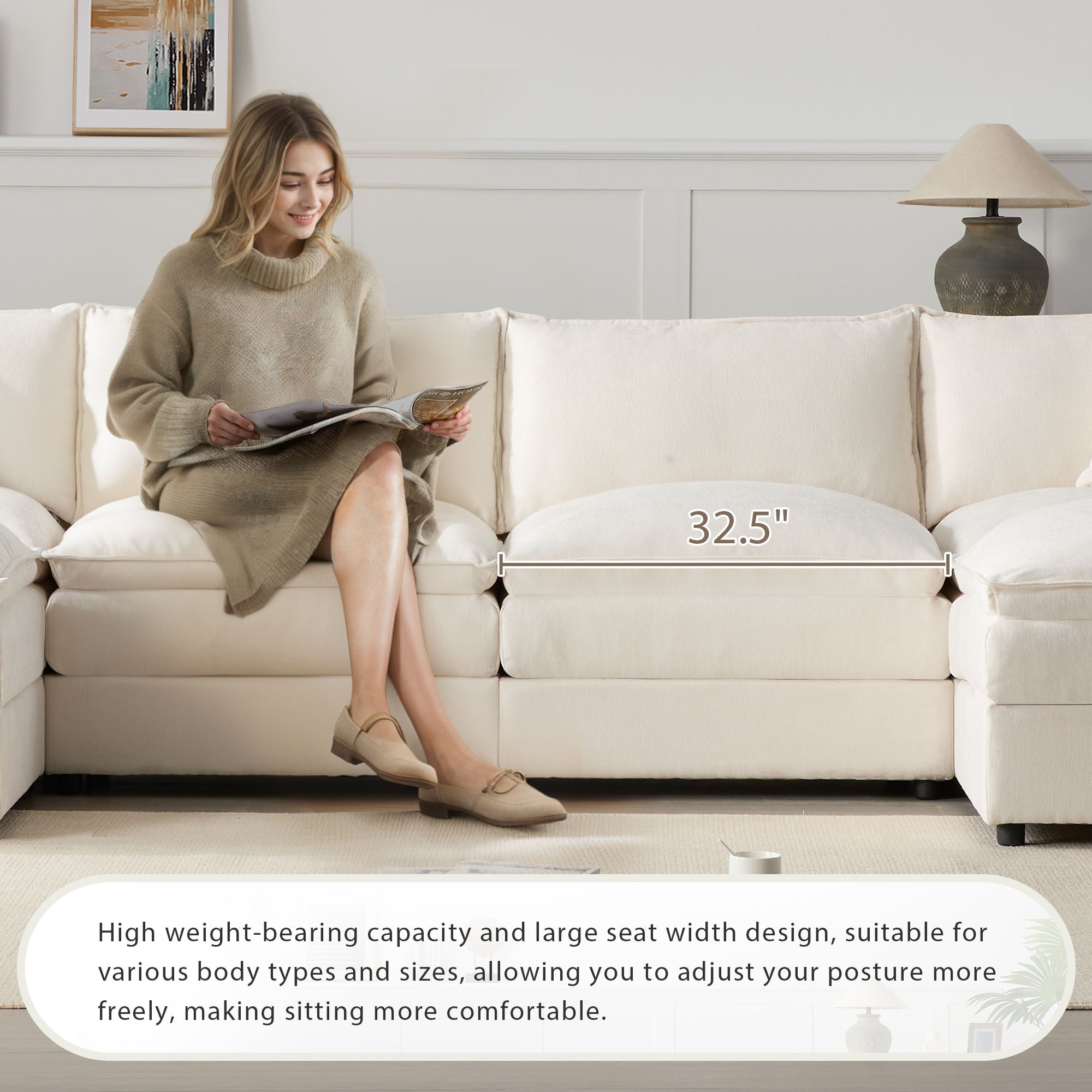 Modular Sectional With Deep And Wide Seat, Cloud Couch Set With Double Cushions Sofa With Movable Ottoman
