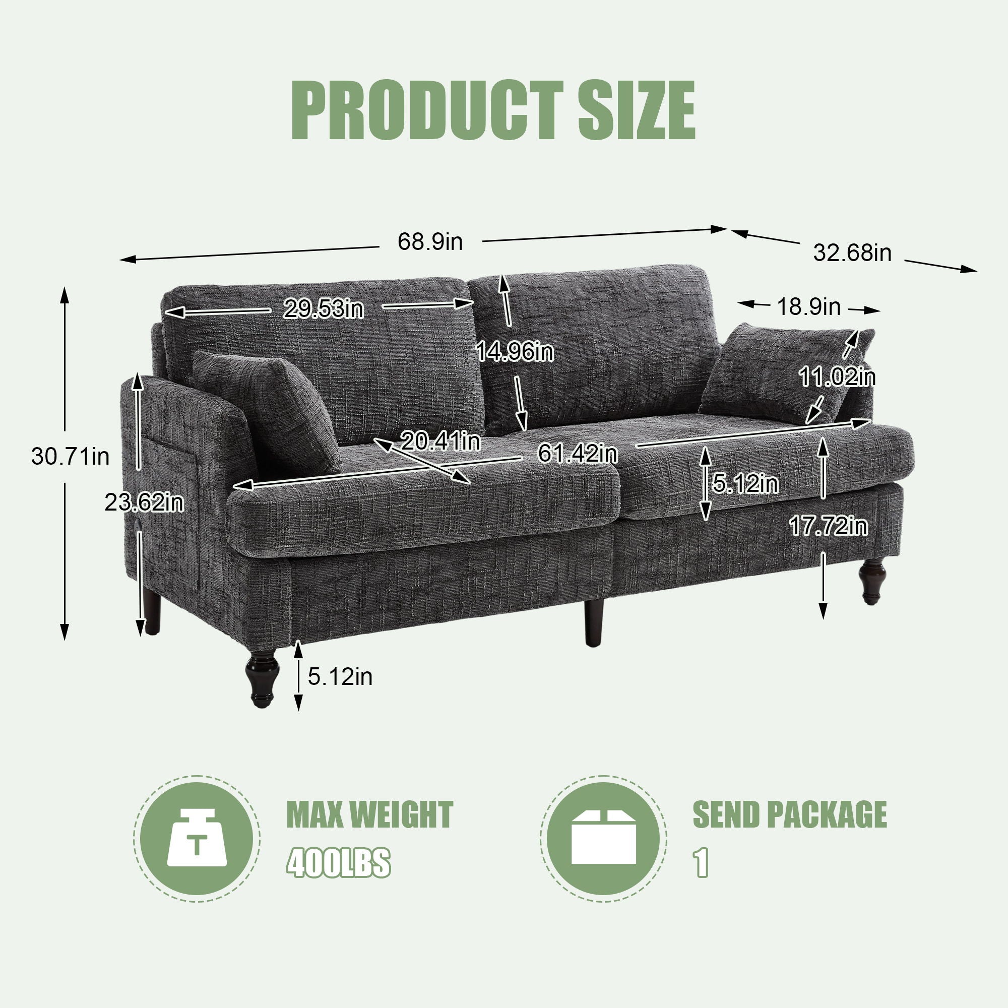 Chenille 2 Seater Sofa With LED Light, USB Charging Port, And Storage Bag
