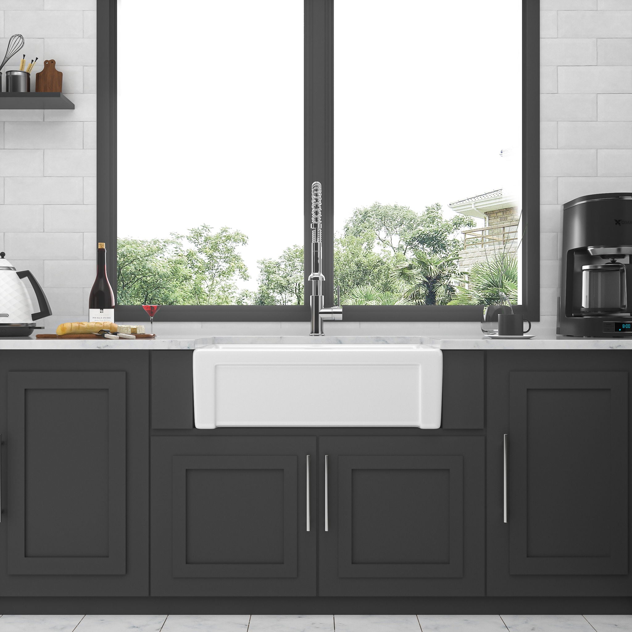 Sink 30" Apron Front Reversible Single Bowl Kitchen Sink With Grid, Strainer - White