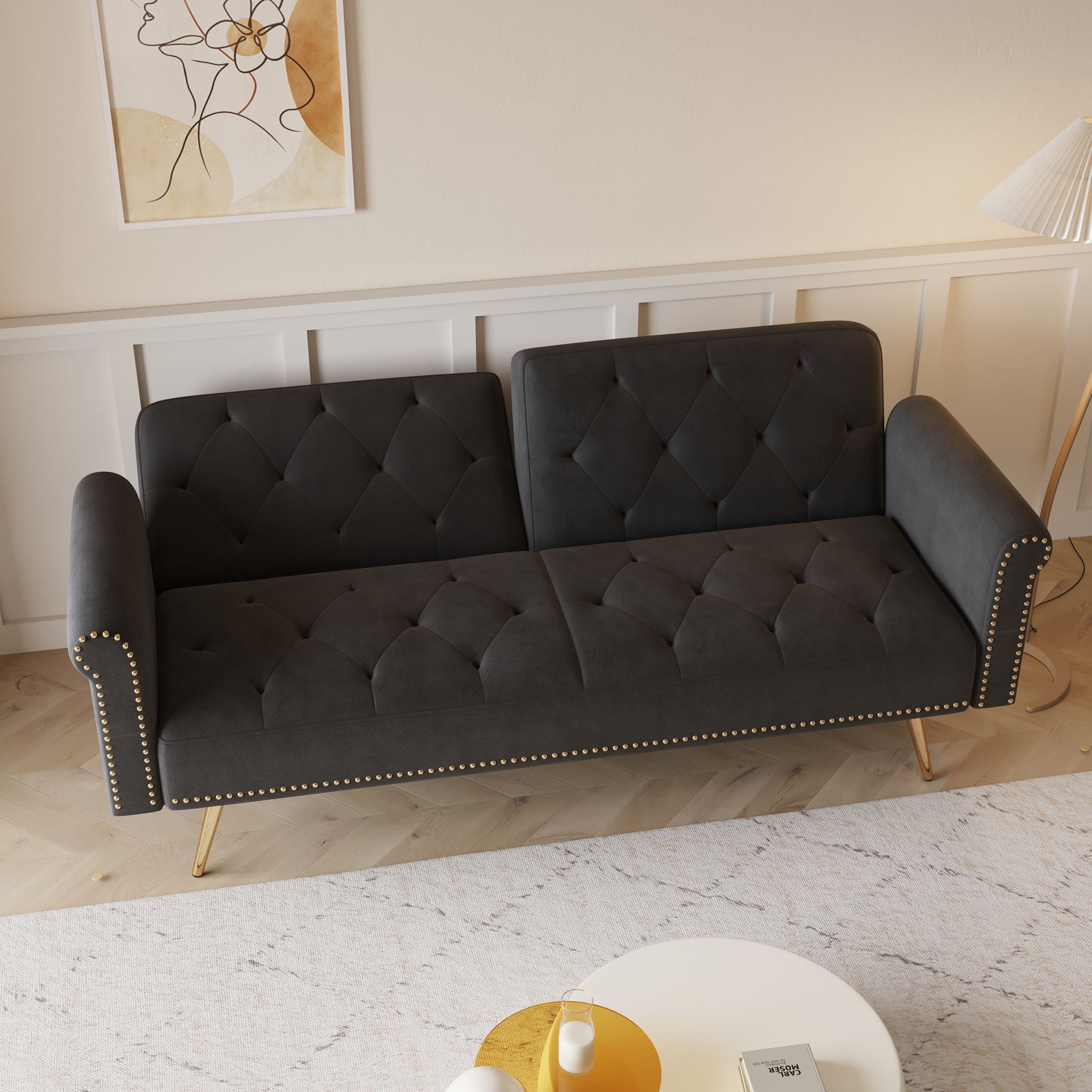 Luxurious Velvet Sofa Bed With Nail Head Trim And Matching Pillow
