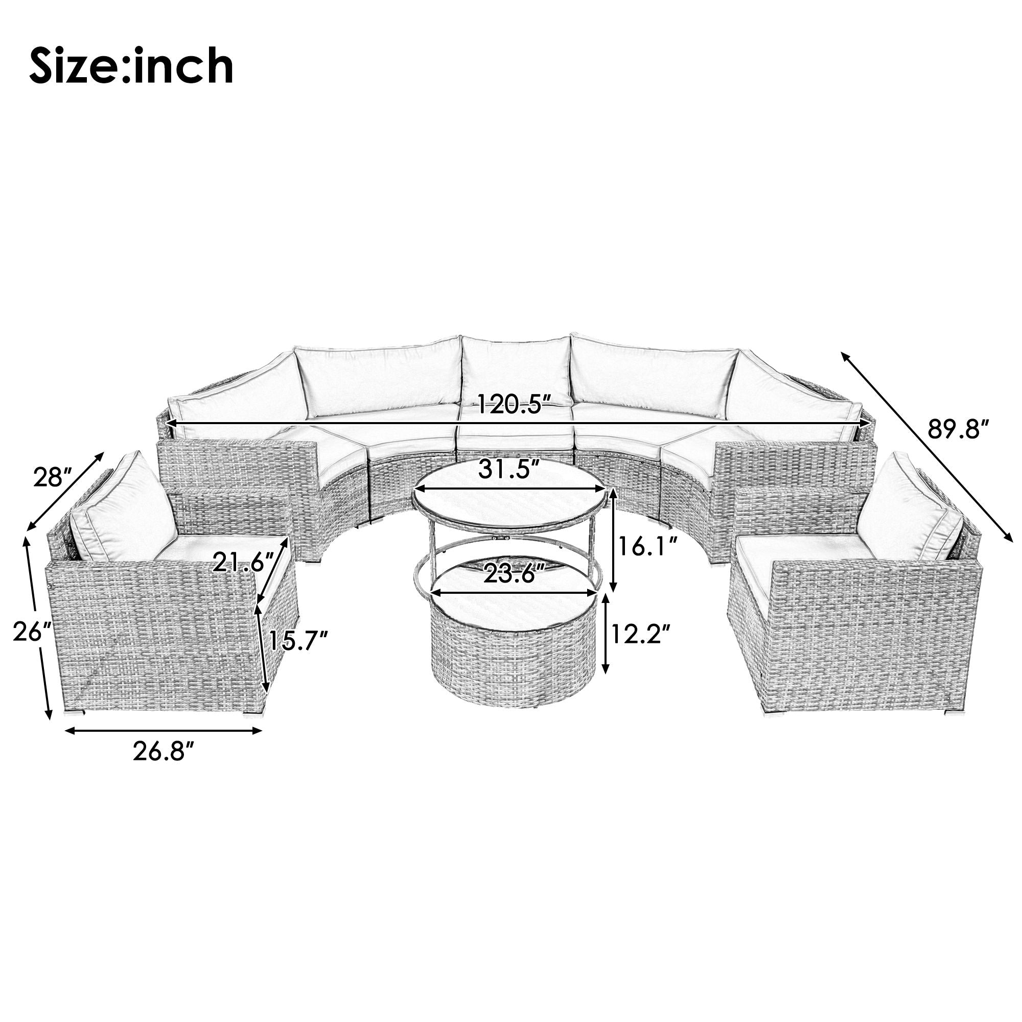 9 Pieces Outdoor Half-Moon Patio Sofa Set, Round Sofa Set, Modern Style Sofa - Brown / Beige