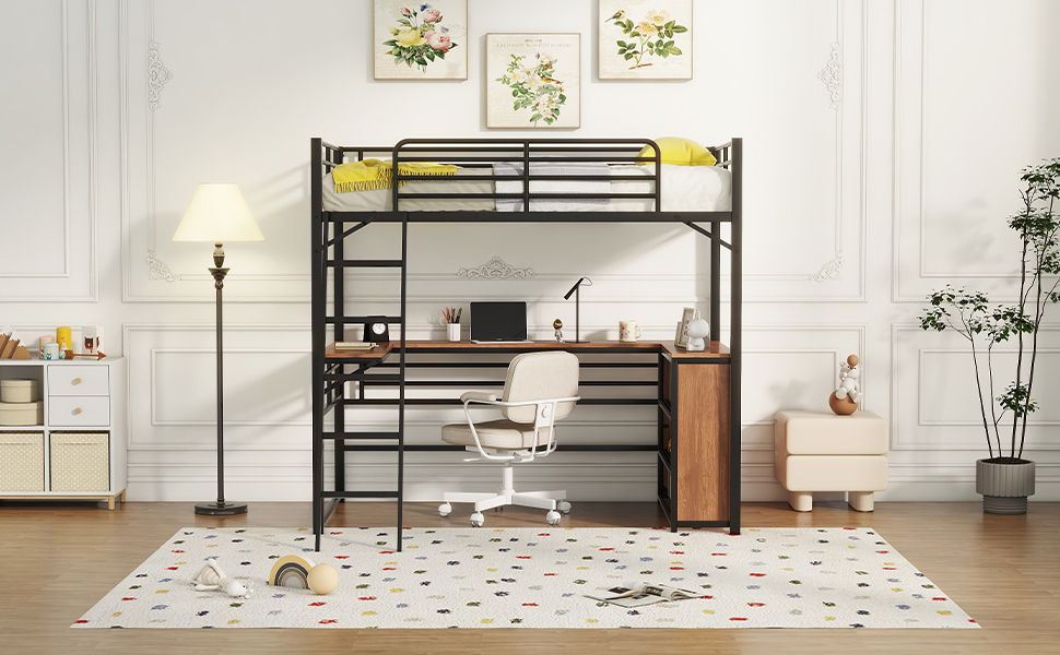 Loft Bed & 3 Layers Of Shelves And L-Shaped Desk