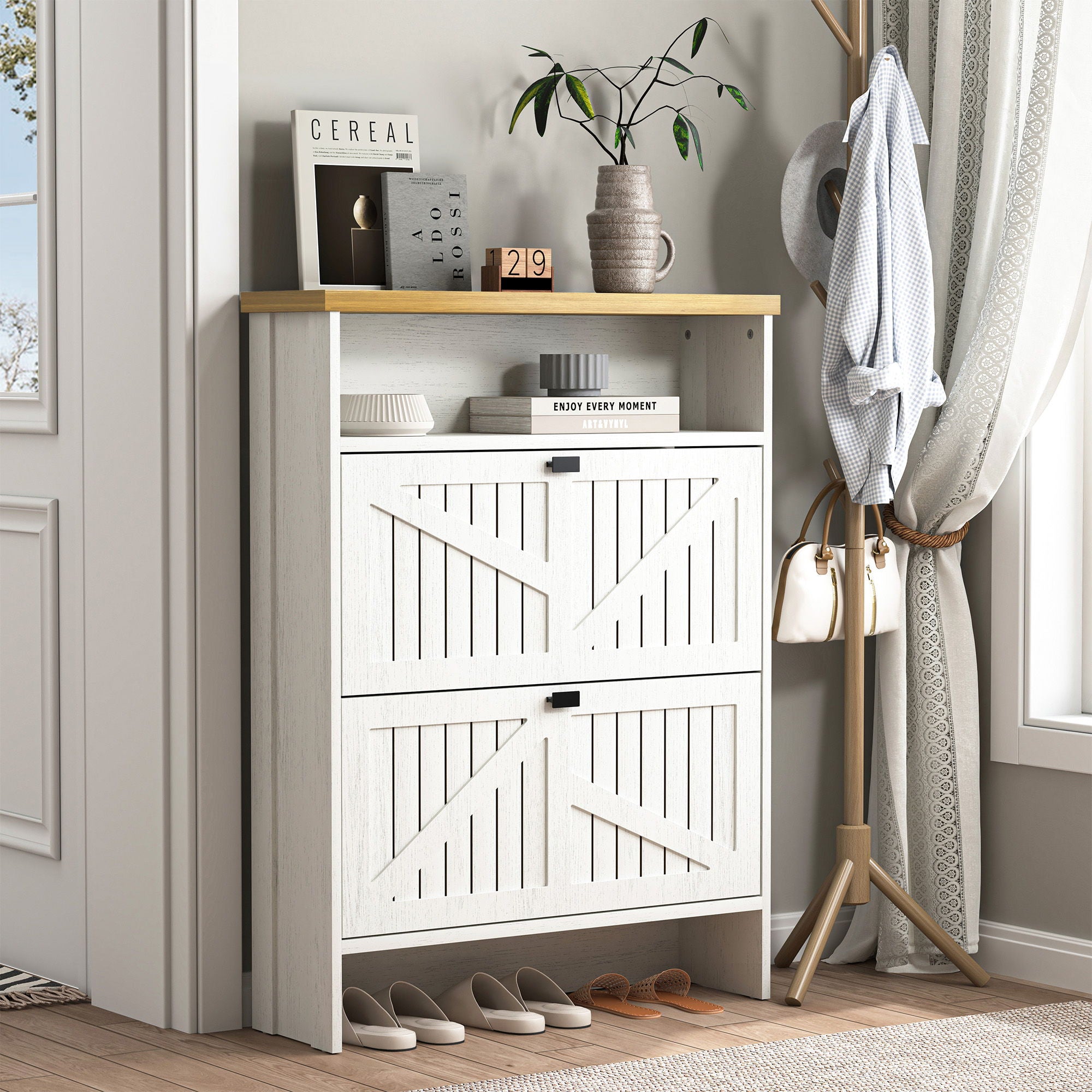 4 Layer Folding Shoe Cabinet With Metal Rounded Corners Convenient Shoe Storage - White