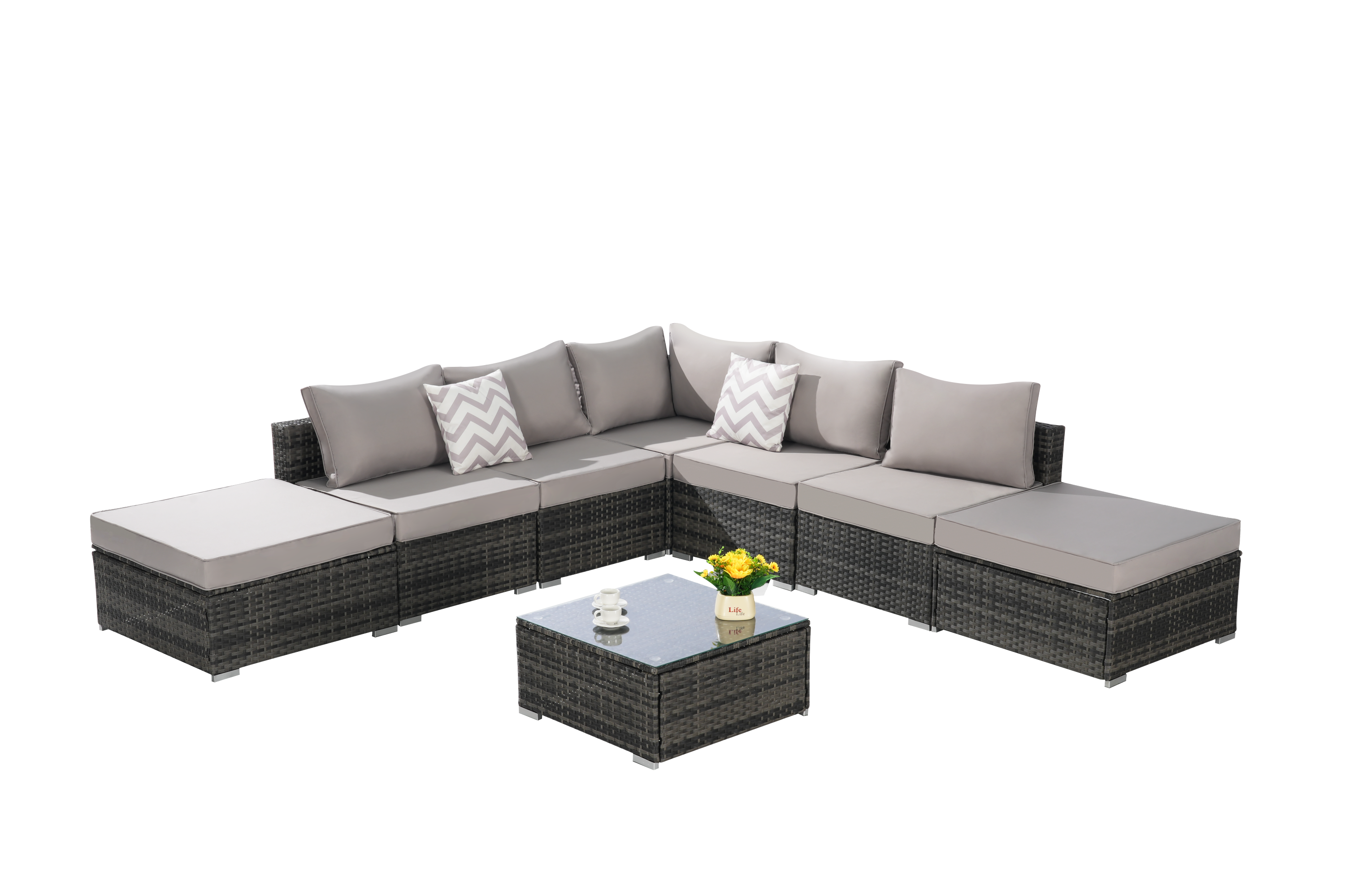 8 Pieces Outdoor Patio Sectional Sofa Couch,Wicker Furniture Conversation Sets with Washable Cushions & Glass Coffee Table for Garden, Poolside, Backyard