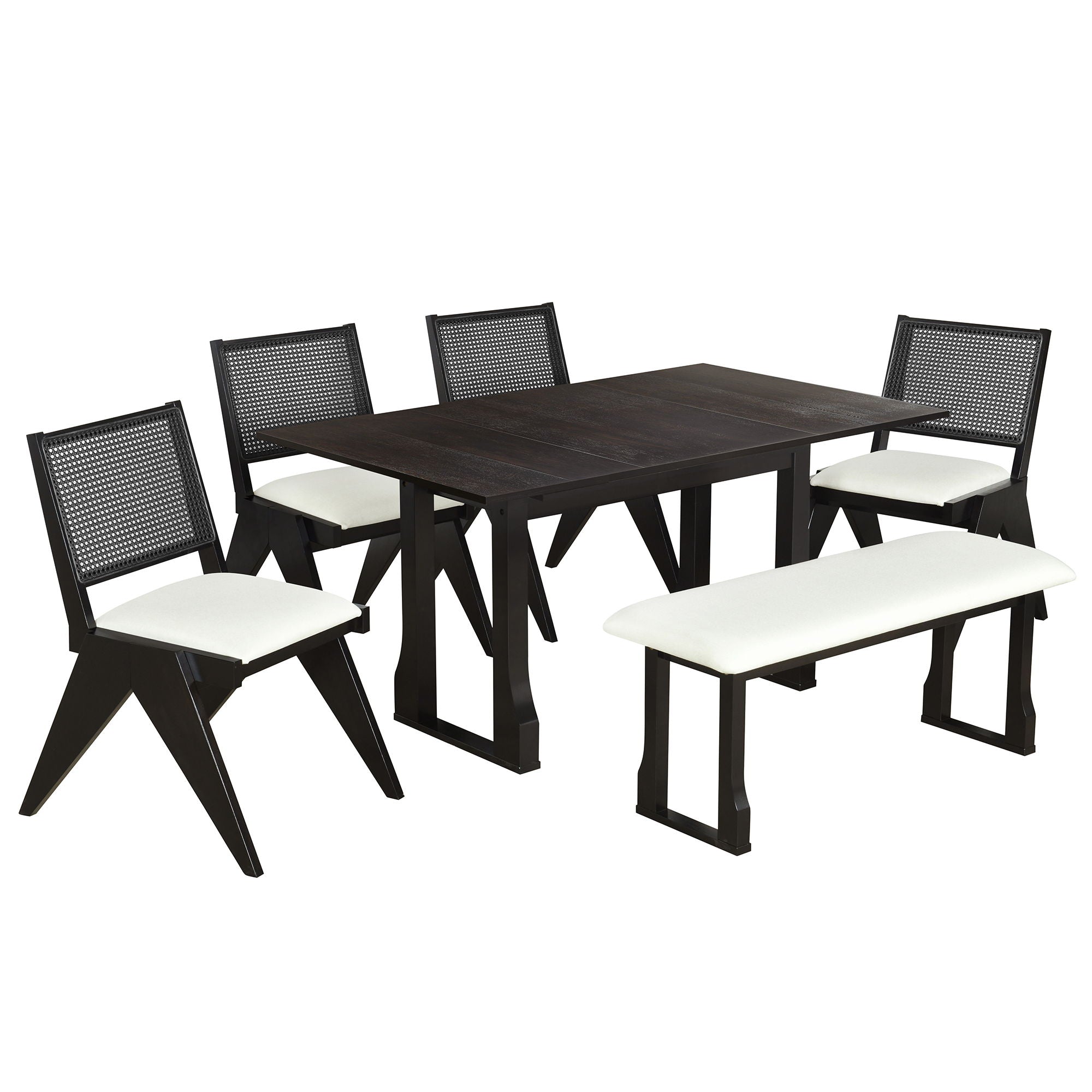6 Piece Extendable Dining Table Set With 4 Wicker Back Upholstered Dining Chairs And Long Bench, 2 Removable Leaf