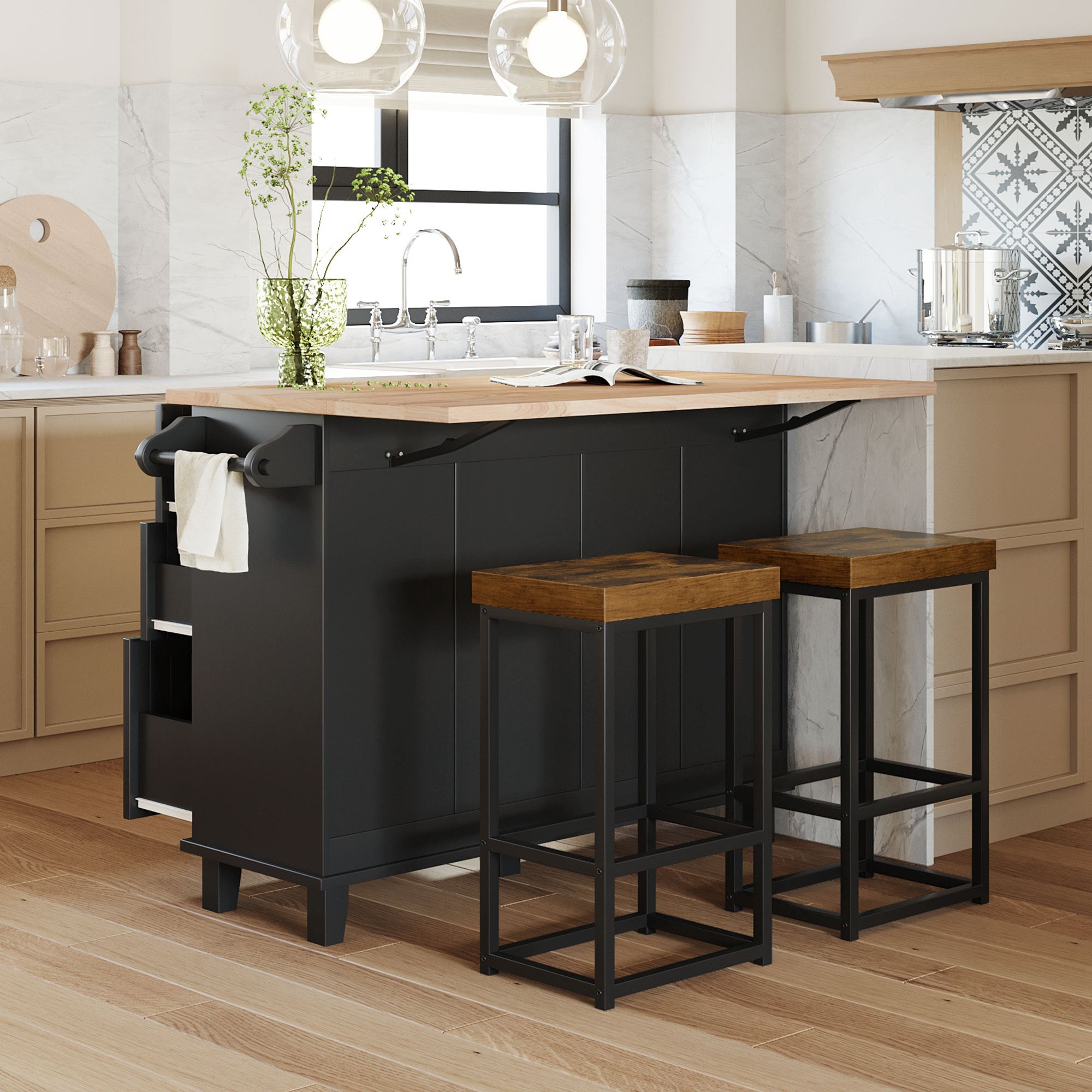 Farmhouse Kitchen Island Set with Drop Leaf with 2 Stools