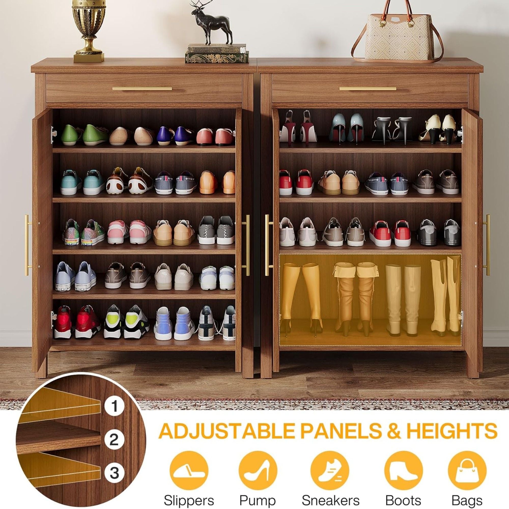 5 Tier Shoe Cabinet With Louvered Doors And Drawer, Freestanding Organizer With Adjustable Shelves For Entryway - Brown