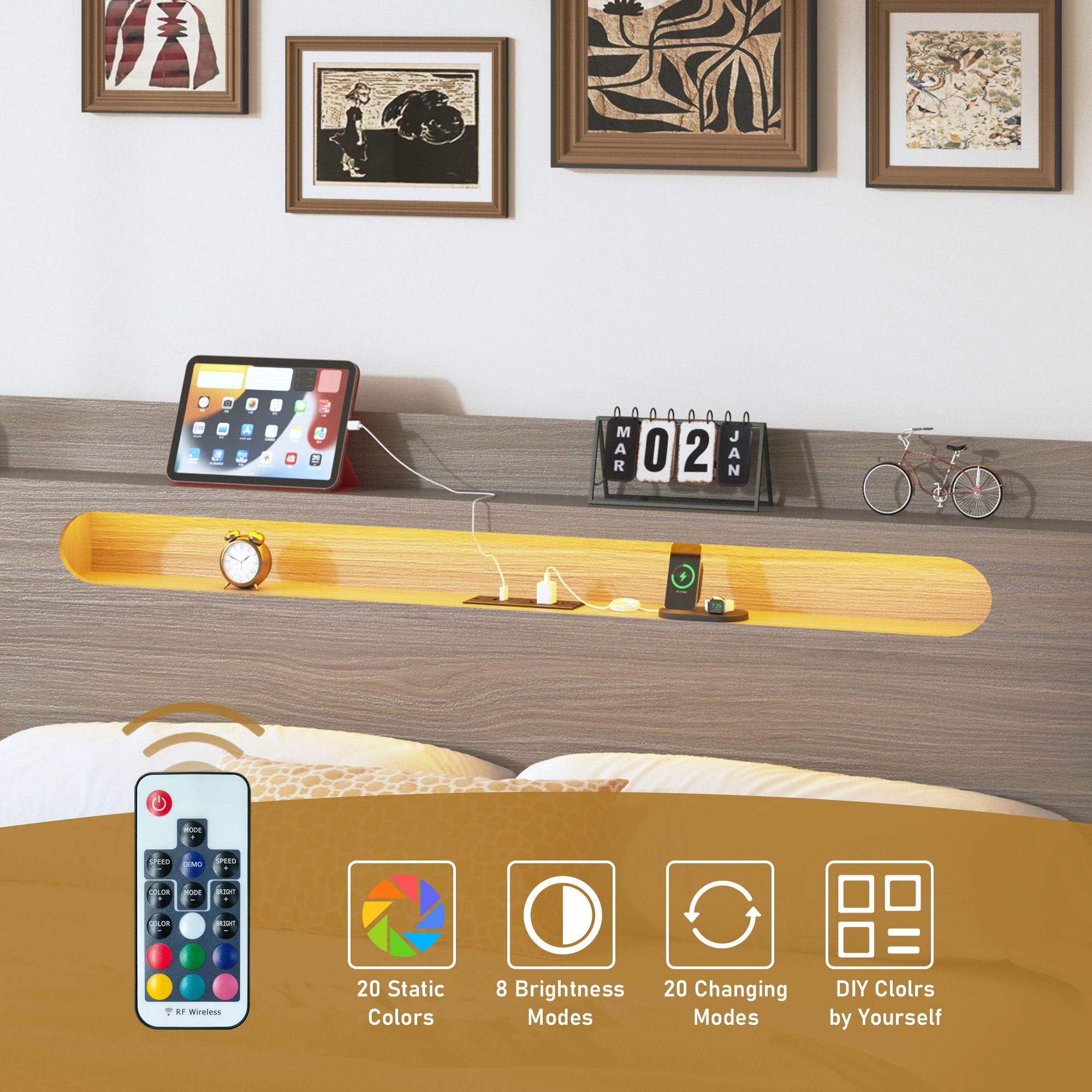 King Size Platform Bed Frame With Storage LED Light Headboard And Usb, Noise Free - Dark Gray