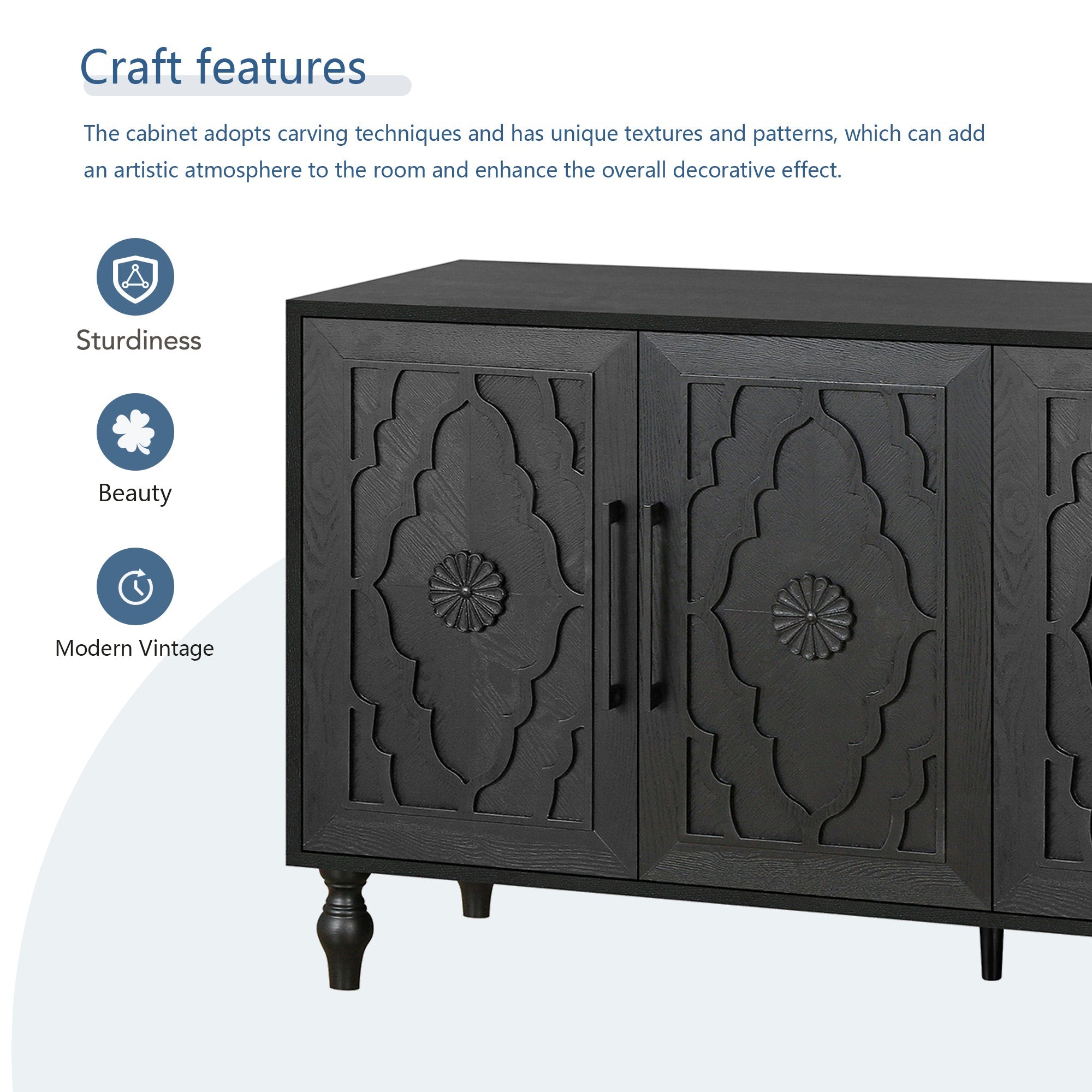Carved flower door large storage cabinet with metal handle (black)