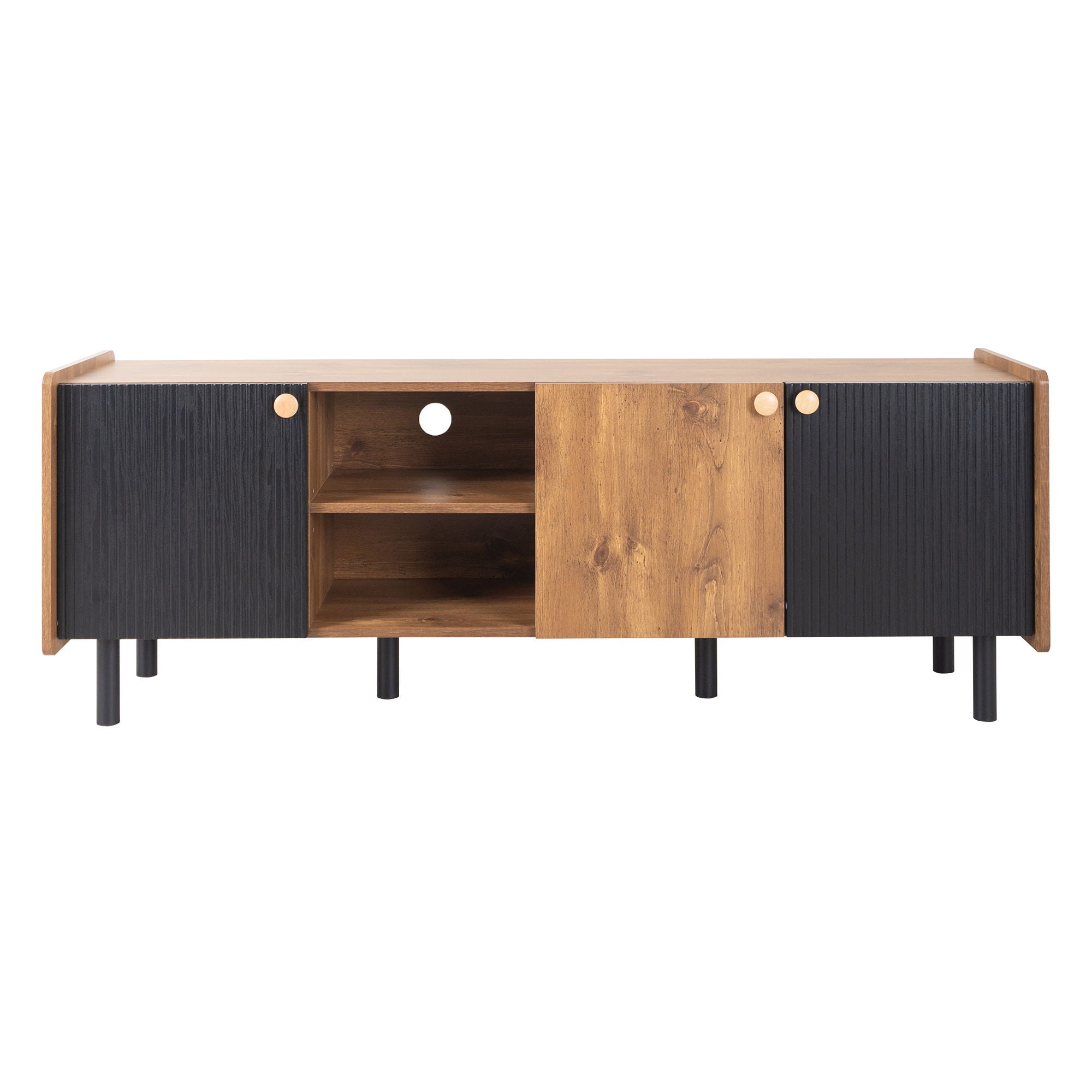 Mid Century TV Stand & 3 Cabinets, Media Console Table For Tvs Up To 70'', Entertainment Center With Storage For Living Room - Black / Brown